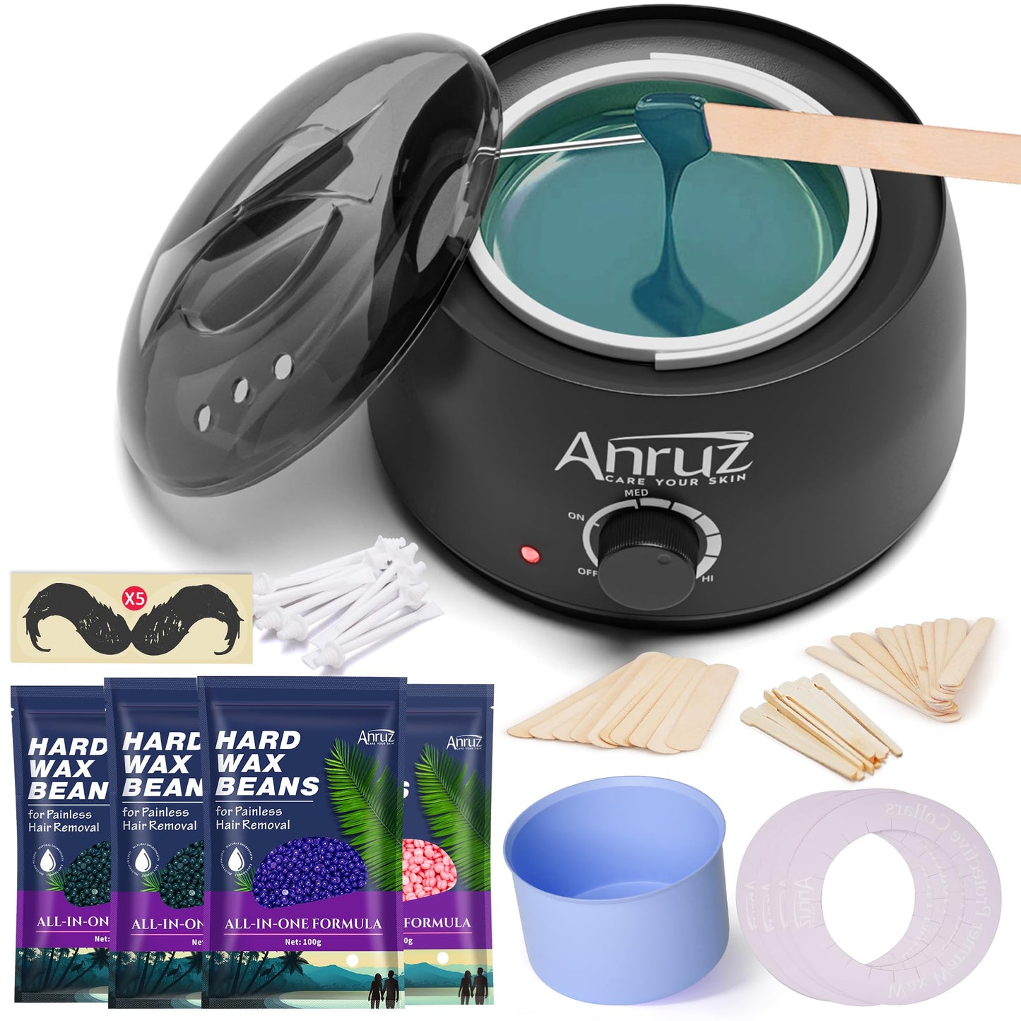 Anruz Waxing Kit for Women Men - Wax Kit for Hair Removal with Silicone Bowl,4 Bags Hard Waxing Beads and 40 Sticks - at Home Use Wax Warmer for Full Body, Bikini, Eyebrow, Face, Sensitive Skin