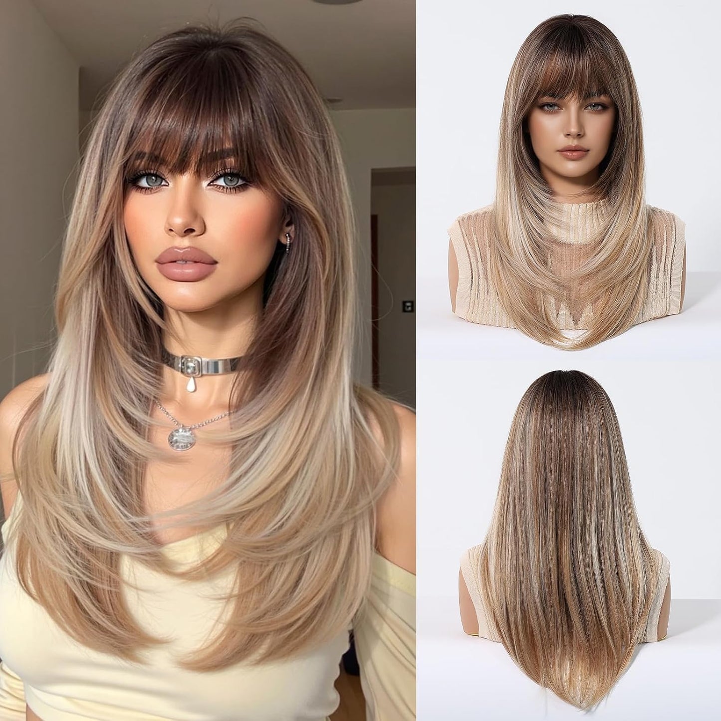 Long Layered Blonde Wig - Synthetic Hair with Bangs | Natural Wavy, Heat Resistant for Daily & Party Wear
