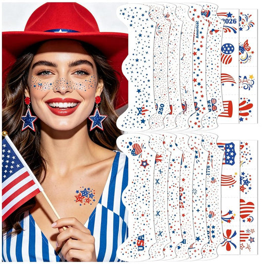 4th of July Glitter Freckles Face Tattoos - Patriotic Red, White & Blue Star Design | 28 Pairs for Festive Makeup