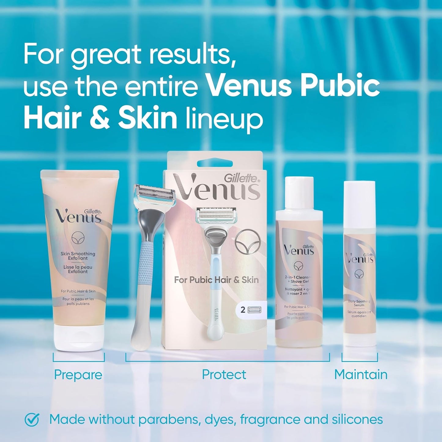 Gillette Venus Shaving Set for Pubic Hair & Skin - Women's Razor with 1 Handle, 2 Blade Refills & Cleanser