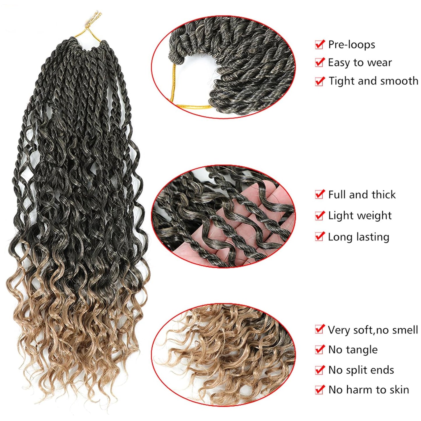 Goddess Twist Braids - Ombre Black Brown Crochet Hair Extensions | 14-Inch Curly Ends, 6 Packs for Black Women
