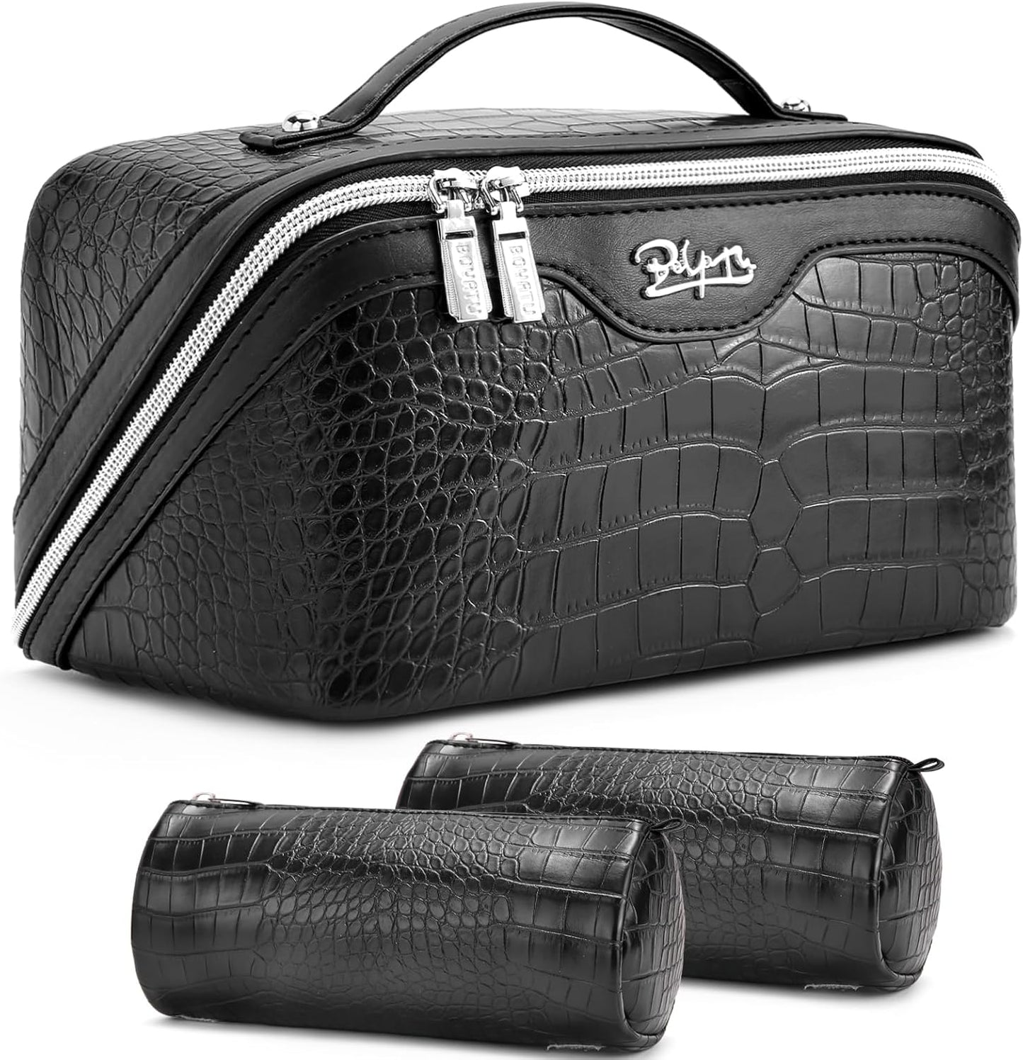 Travel Makeup Bag Set - Large Vegan Leather Cosmetic Organizer with Handle | 3 Pcs Portable Toiletry Bags in Coffee