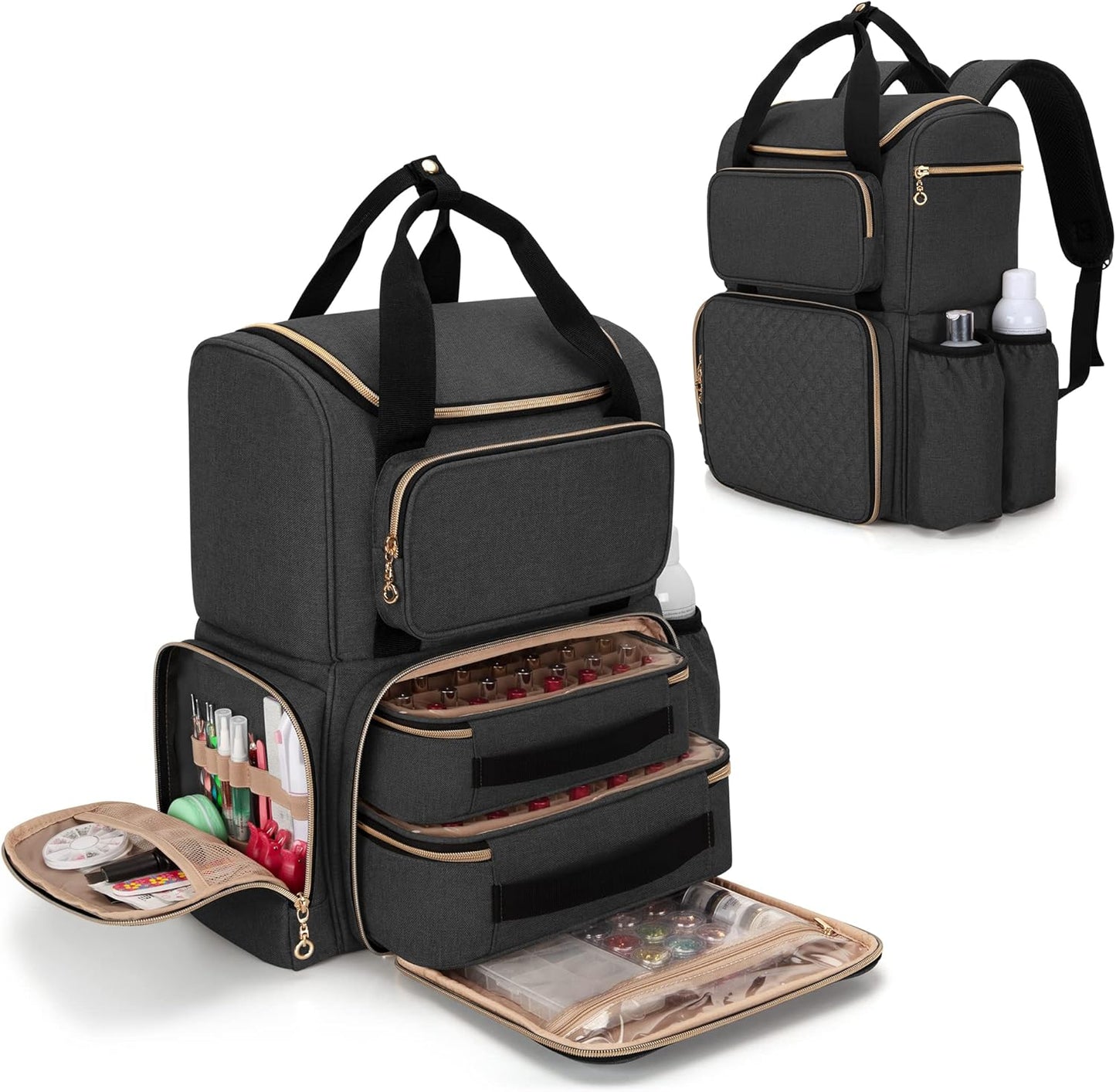 Nail Polish Organizer Backpack - Holds 70 Bottles & Lamp | Travel Bag with Removable Cases & Tool Pockets - Black