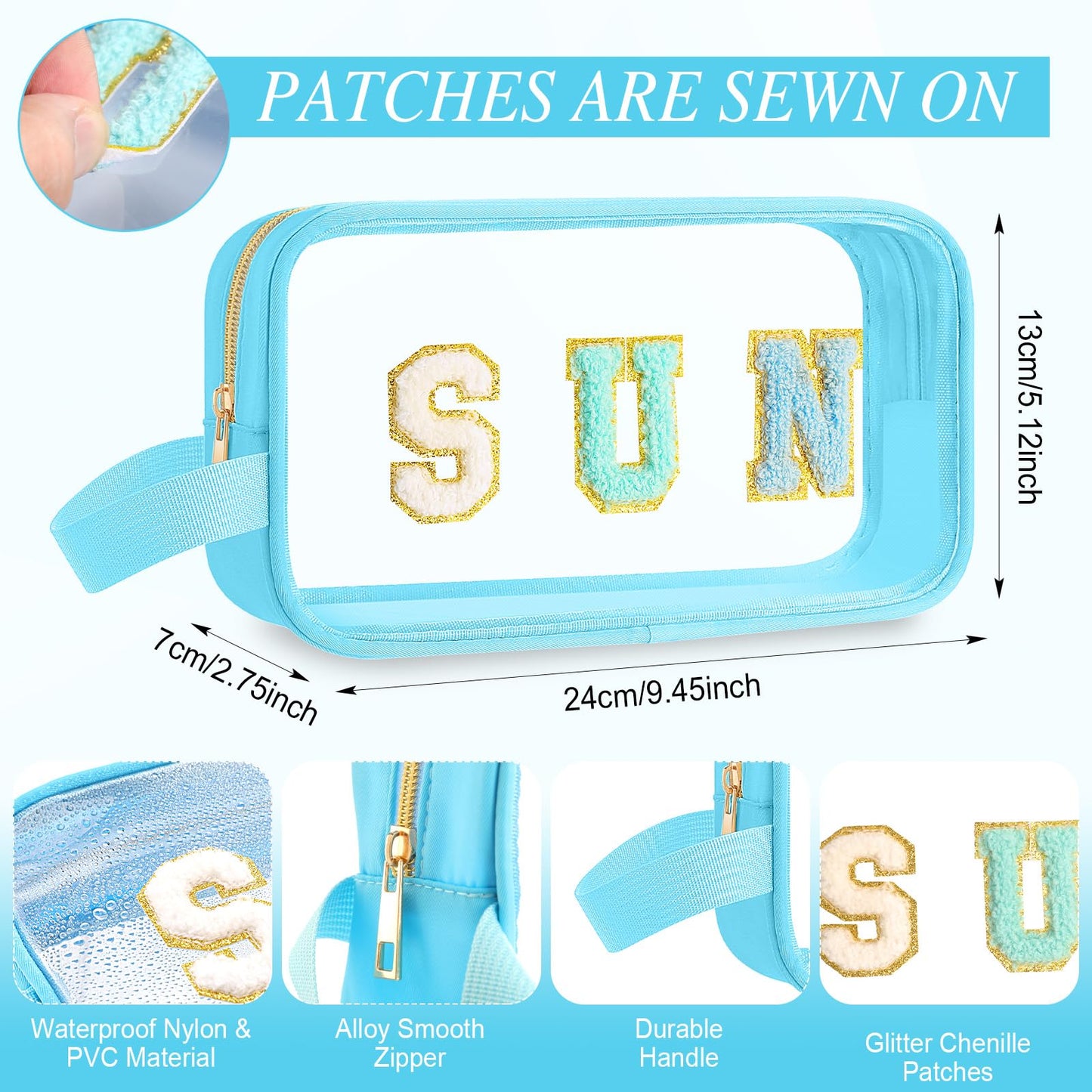 Kacctyen Letter Clear Makeup Bags Sun Pouch Blue Preppy Patch Clear Travel Bag with Zipper Chenille Nylon Cosmetics Waterproof Sandproof Bags Toiletry Storage Snack Sunscreen Pouch for Women