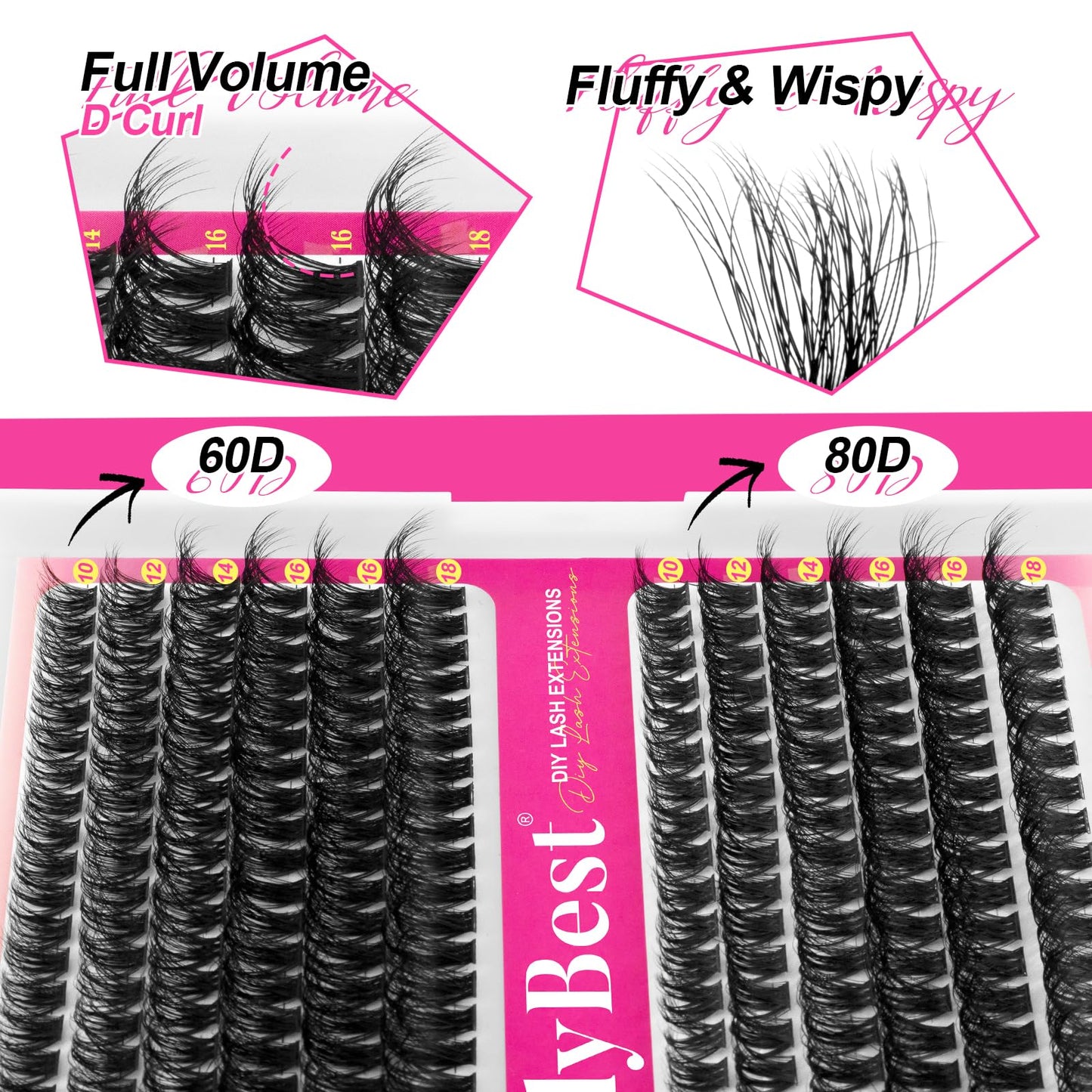 MilyBest Lash Clusters Kit Wispy Eyelash Clusters Lashes 60D 80D Natural DIY Lash Extension Kit 10-18mm Cluster Eyelash Extensions D Curl Individual Lashes Clusters Kit (with Lash Glue, Tweezer)