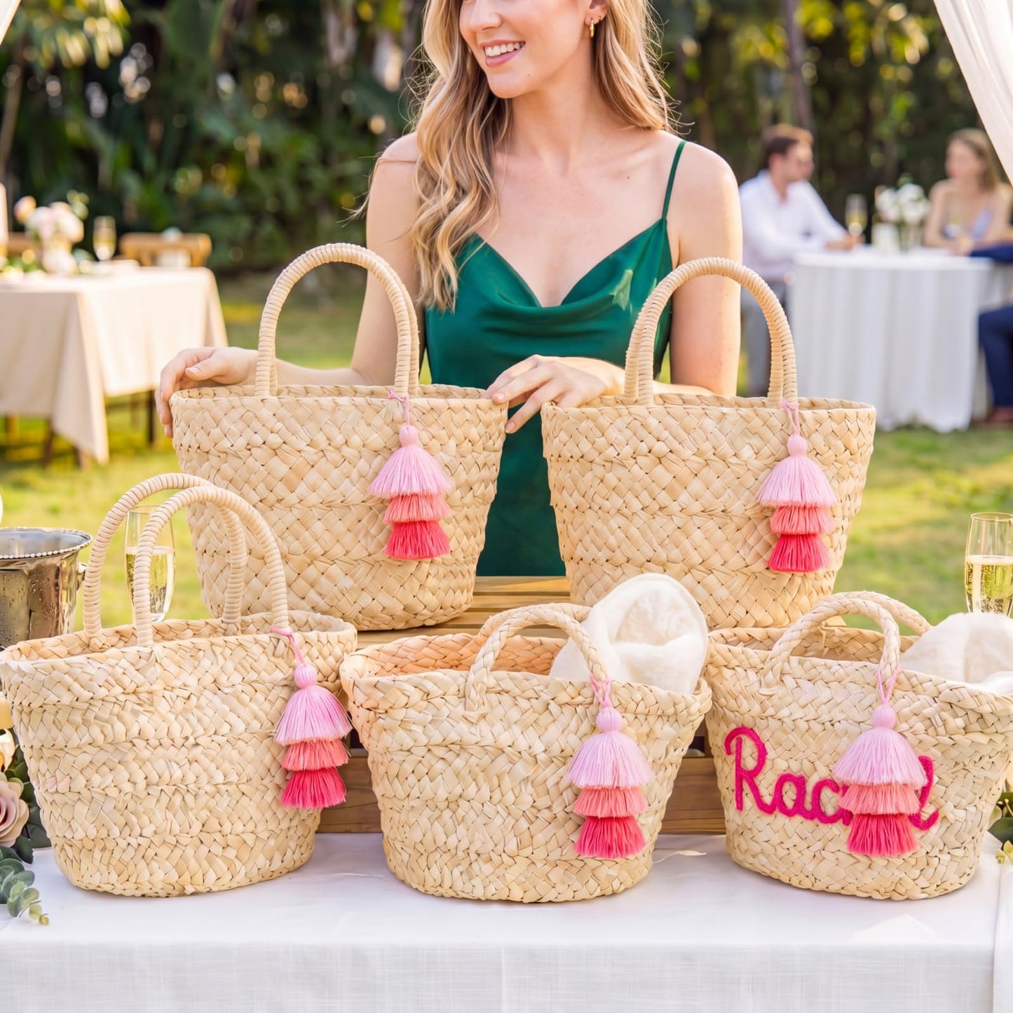 Abbylike 6 Pcs Mini Straw Tote Bags with Tassel Keychains, Woven Beach Handbags with Lining DIY Handmade Gift Bags for Bachelorette Party, Bridal Shower, Beach, Picnic & Girls Trip