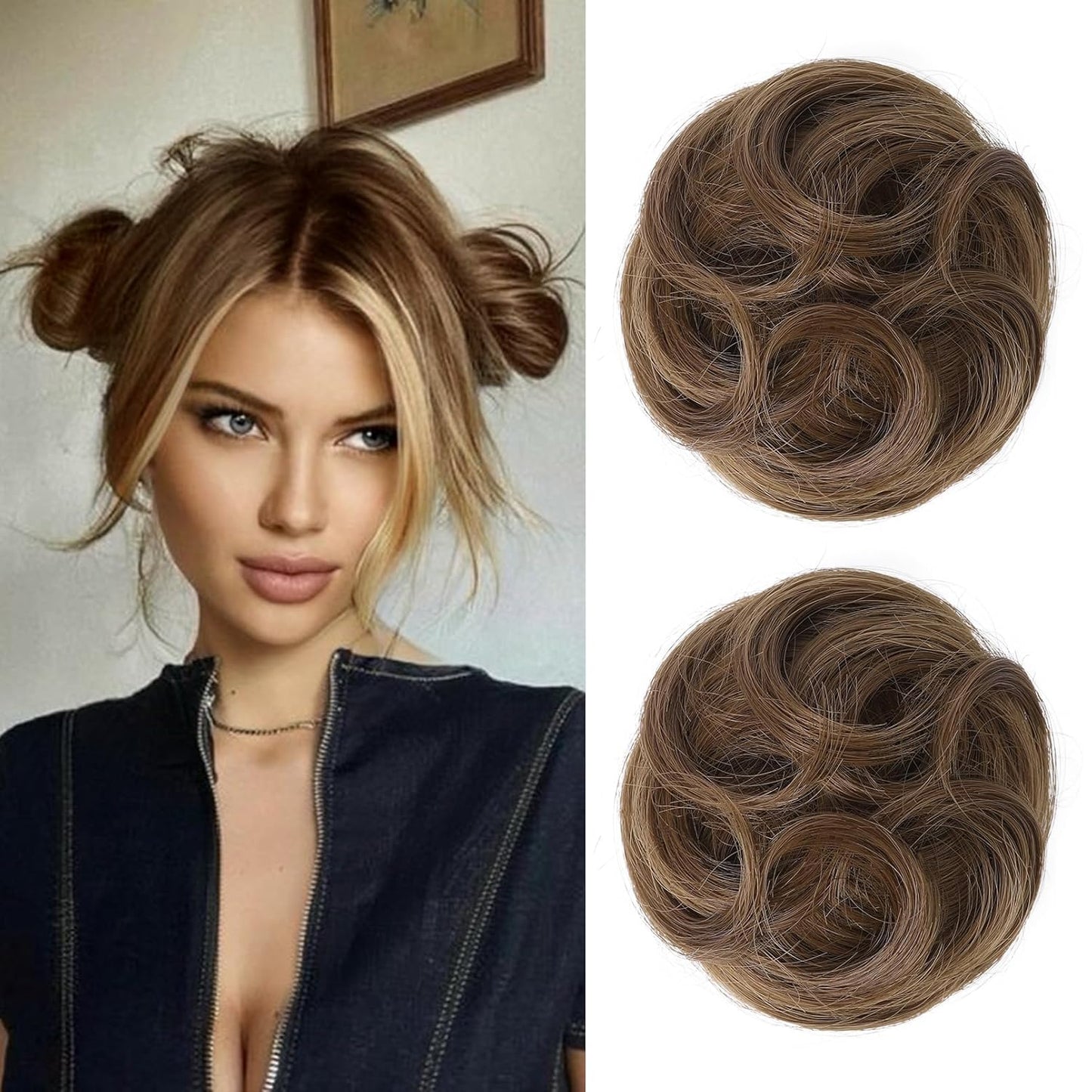 REECHO Mini Claw Clips - Messy & Cat Ears Hair Bun Extensions | 2-Pack, 3.5" Wavy, Natural Black