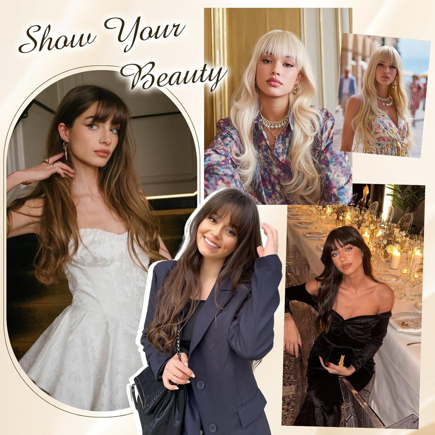 Auburn Wigs with Bangs - Long Layered Synthetic Heat-Resistant Wavy Hair | 26 Inch for Daily Wear & Parties