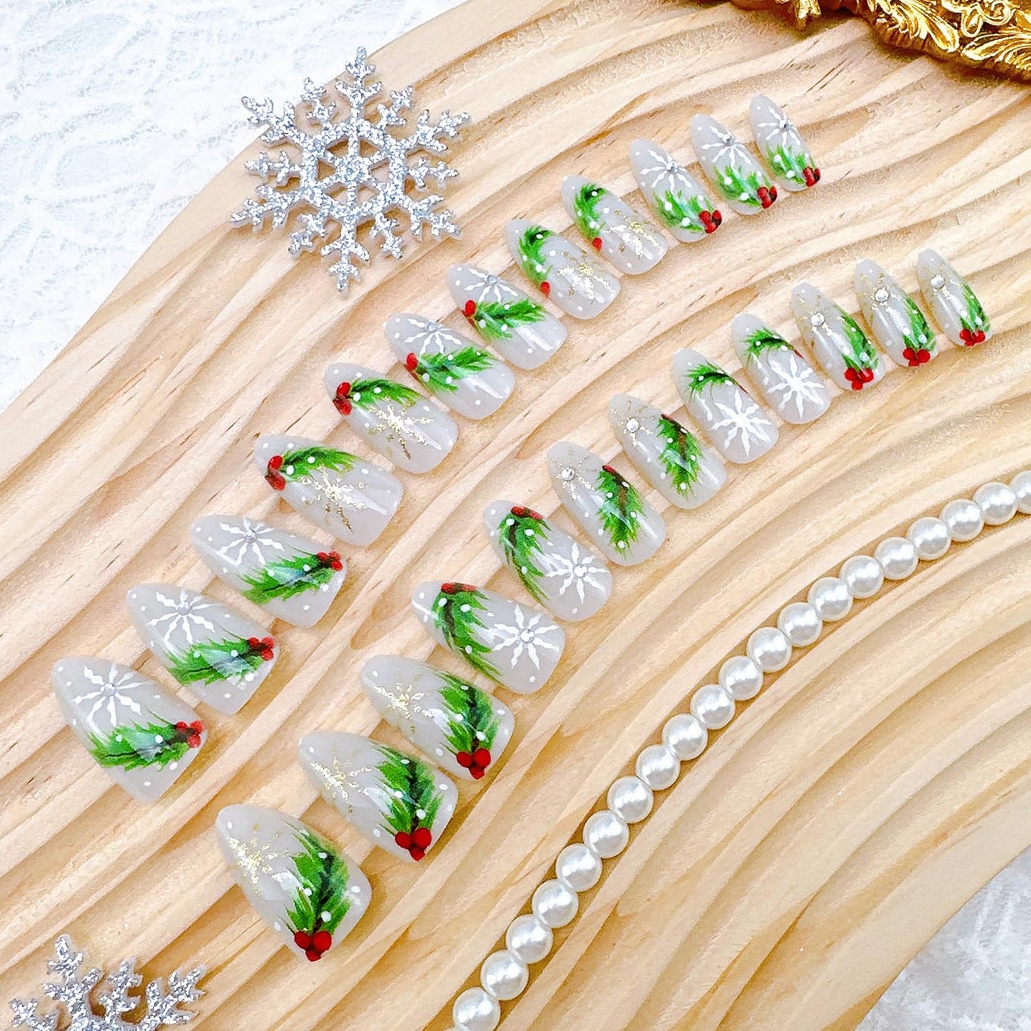 Christmas Press-On Nails - Medium Almond Winter Snowflake Design | 24 Pcs Acrylic Full Cover with Diamond Accents