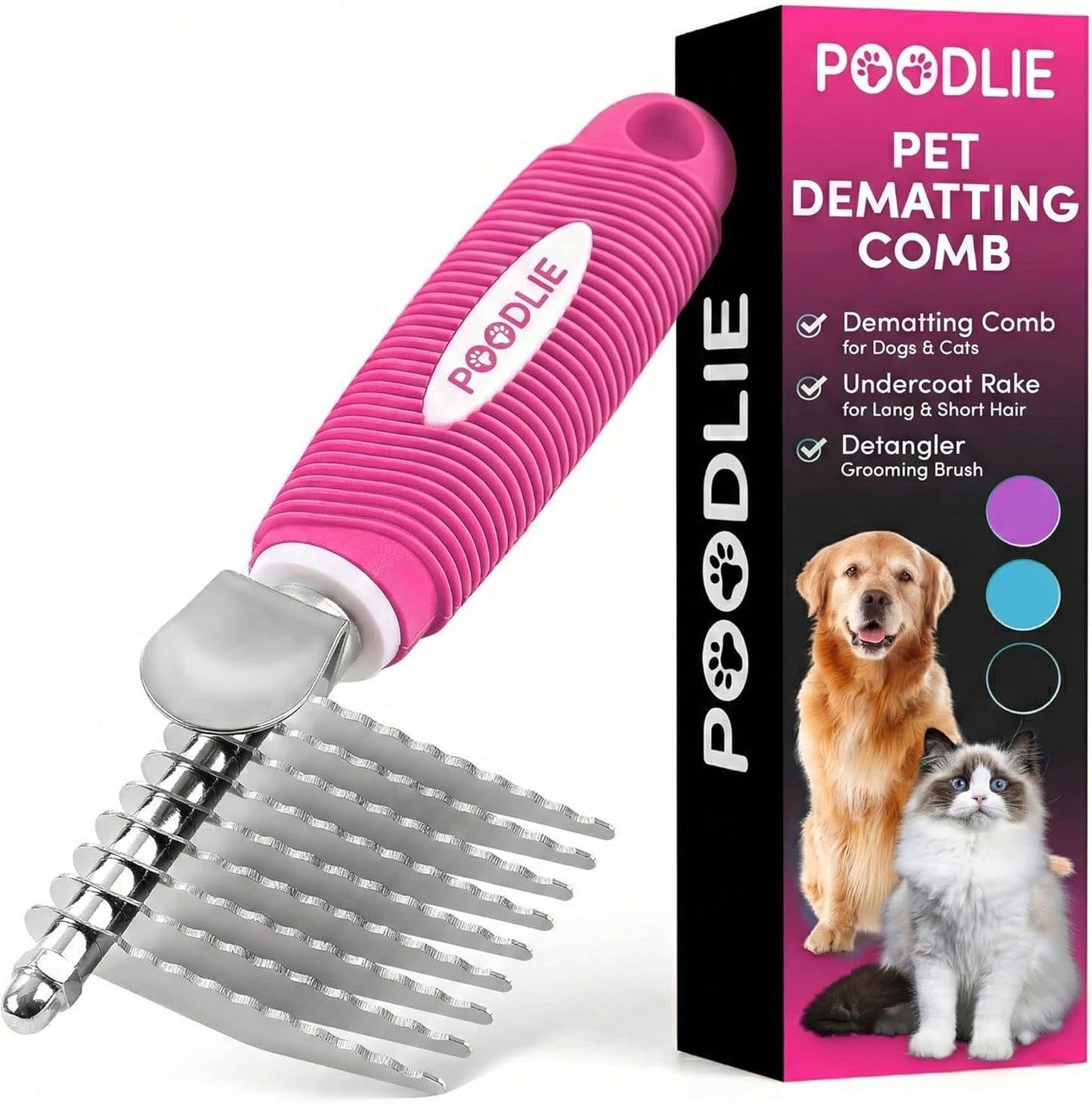 Poodle Dematting Fur Rake Comb - 2.5" Steel Blades for Dogs & Cats | Detangle Matted Undercoat Hair