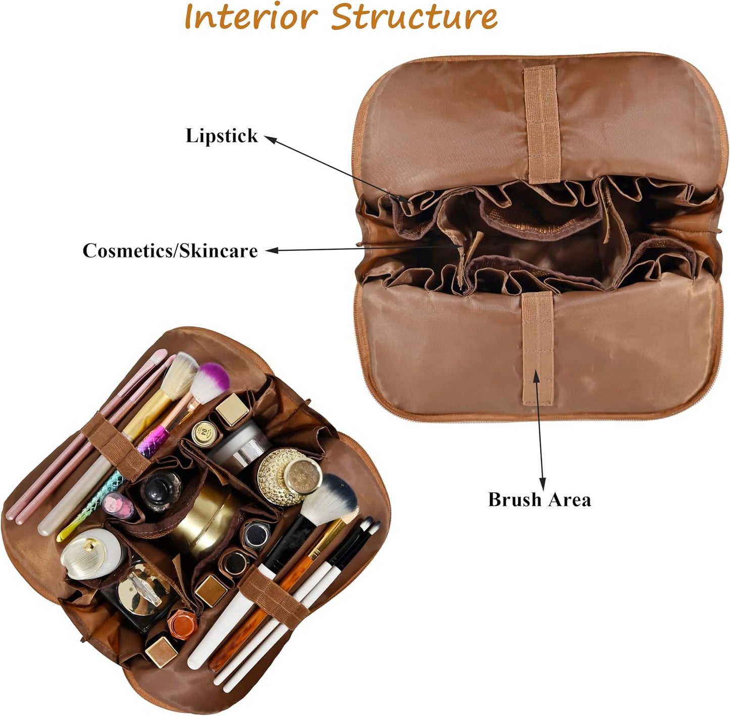 Travel Makeup Bag - Waterproof Stand Up Cosmetic Organizer with Brush Holders | Medium Chestnut, Fold-Down Design for Skincare & Toiletries