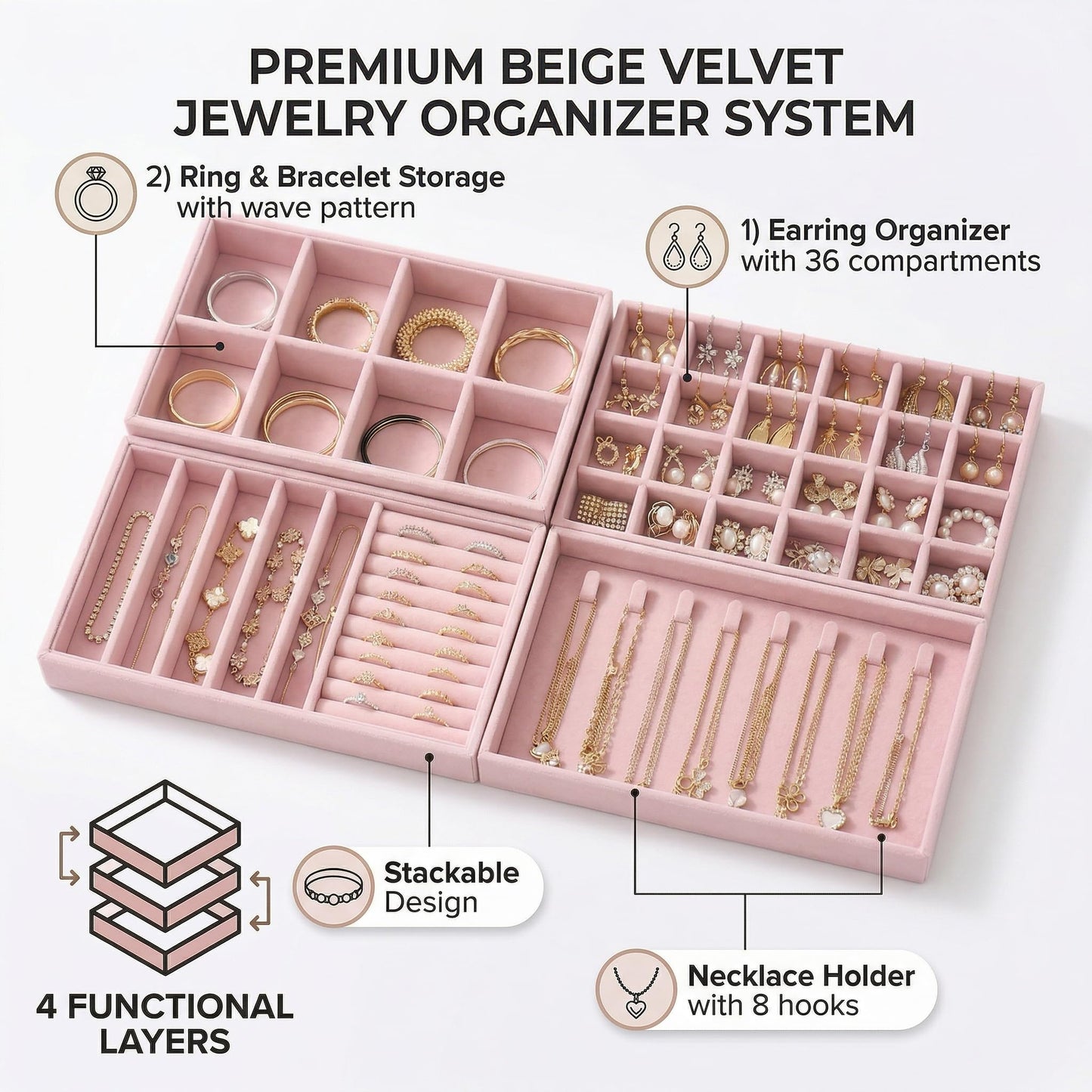 Velvet Jewelry Drawer Organizer Trays, 4-Layer Stackable Jewelry Storage Inserts Set, PINK Jewelry Tray Set for Earrings, Rings, Necklaces and Bracelets, Removable Dividers for Dresser Drawer