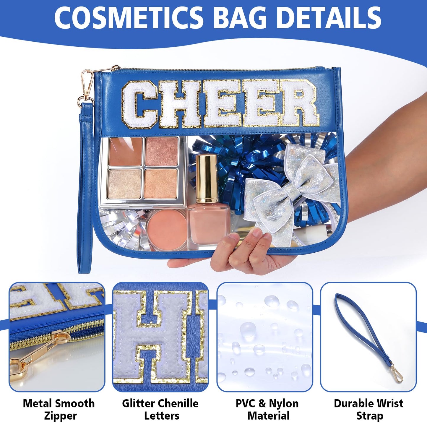 KYTACCU Cheer Clear Makeup Bag Cheerleader Gifts Cheerleading Accessories Cheer Competition Gifts Chenille Letter Cosmetic Bag Travel Toiletry Organizer Pouch for Women Girls