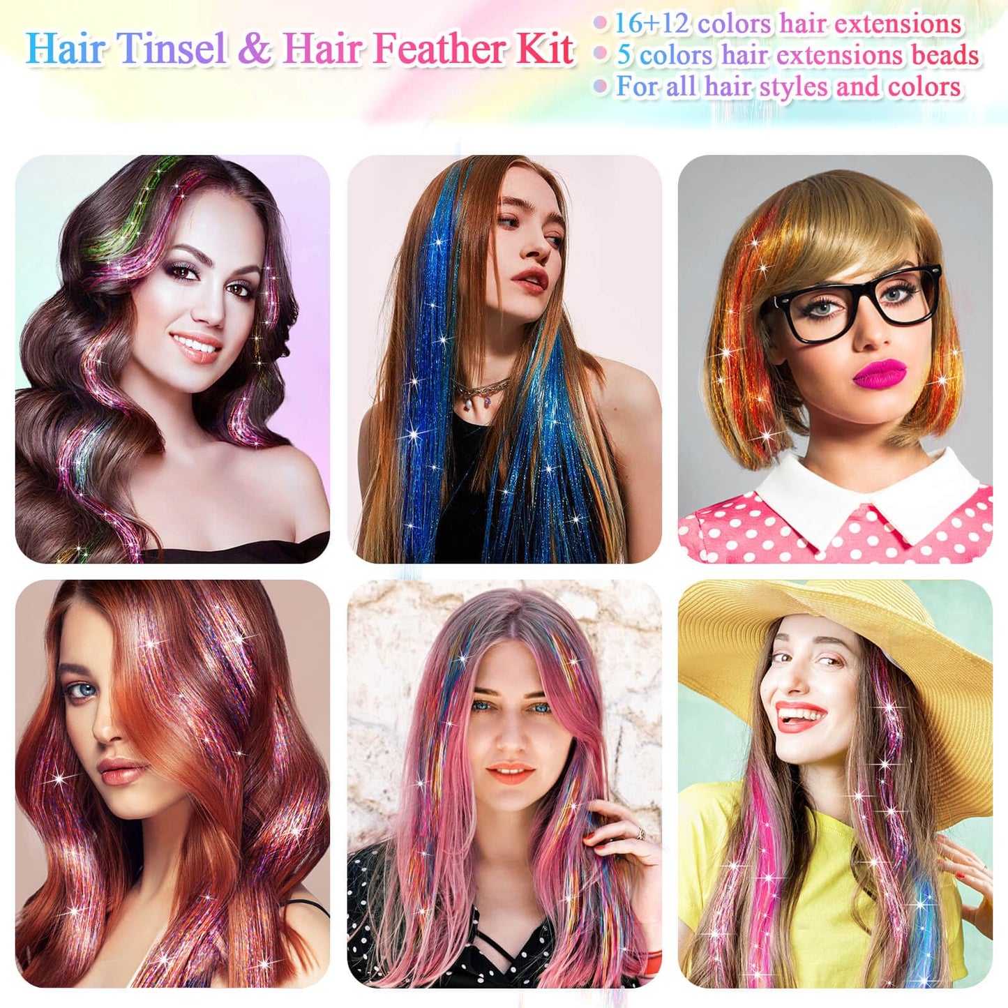 ROADPLUM Hair Tinsel Kit, 16 Colors, 3200 Strands Tinsel & 12 Colors Hair Feathers - Heat Resistant Shiny, Perfect for Cosplay or Party