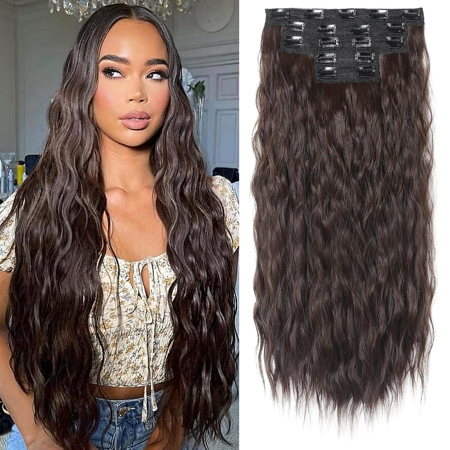Clip In Hair Extensions - 5PCS Ash Blonde Highlights | 24" Thick Loose Waves, Soft & Natural Hairpieces for Women