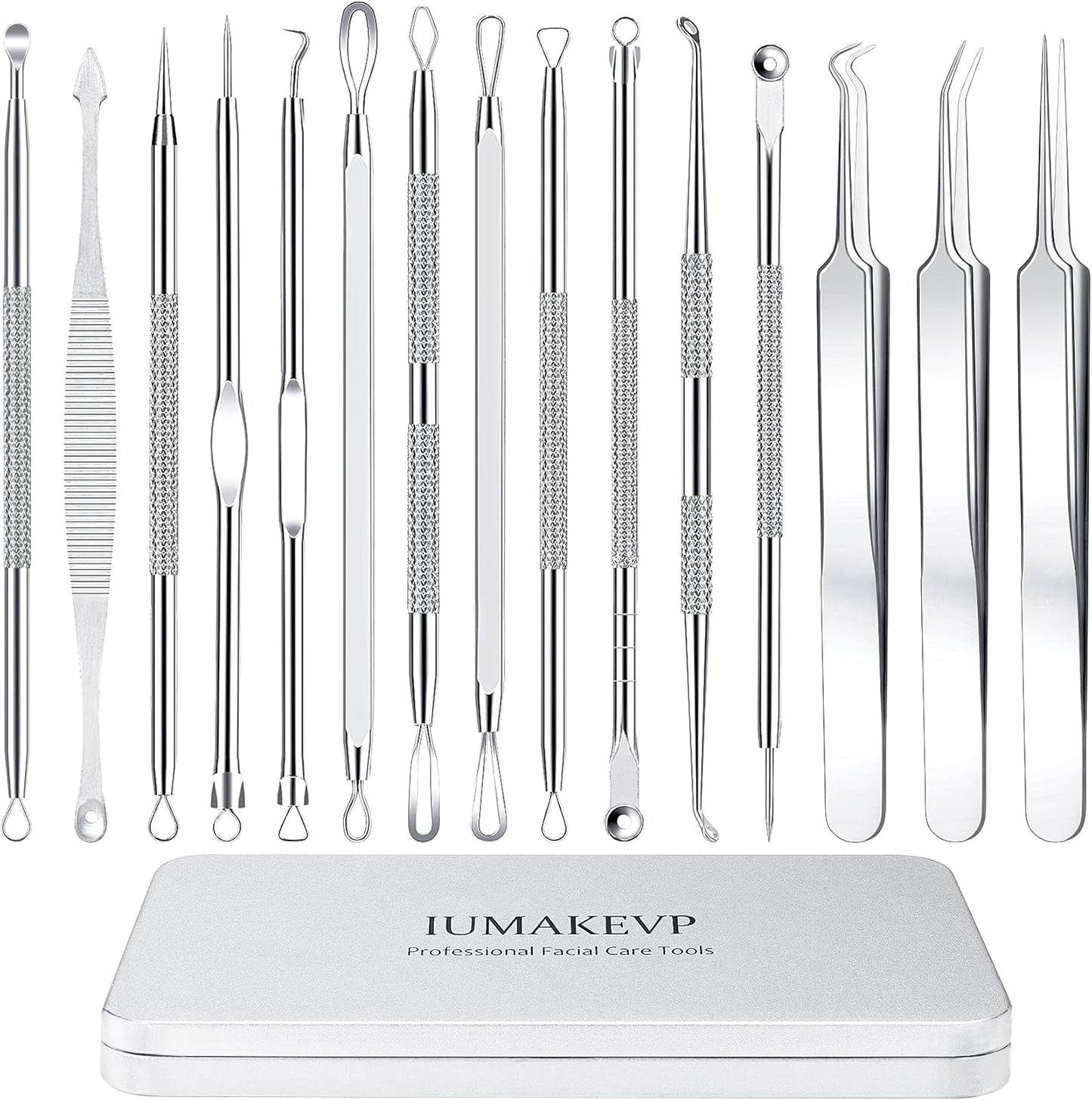 Pimple Popper Tool Kit - 15 PCS Professional Stainless Steel Blackhead Remover Set | Acne Extraction Tools in Metal Case (Silver)