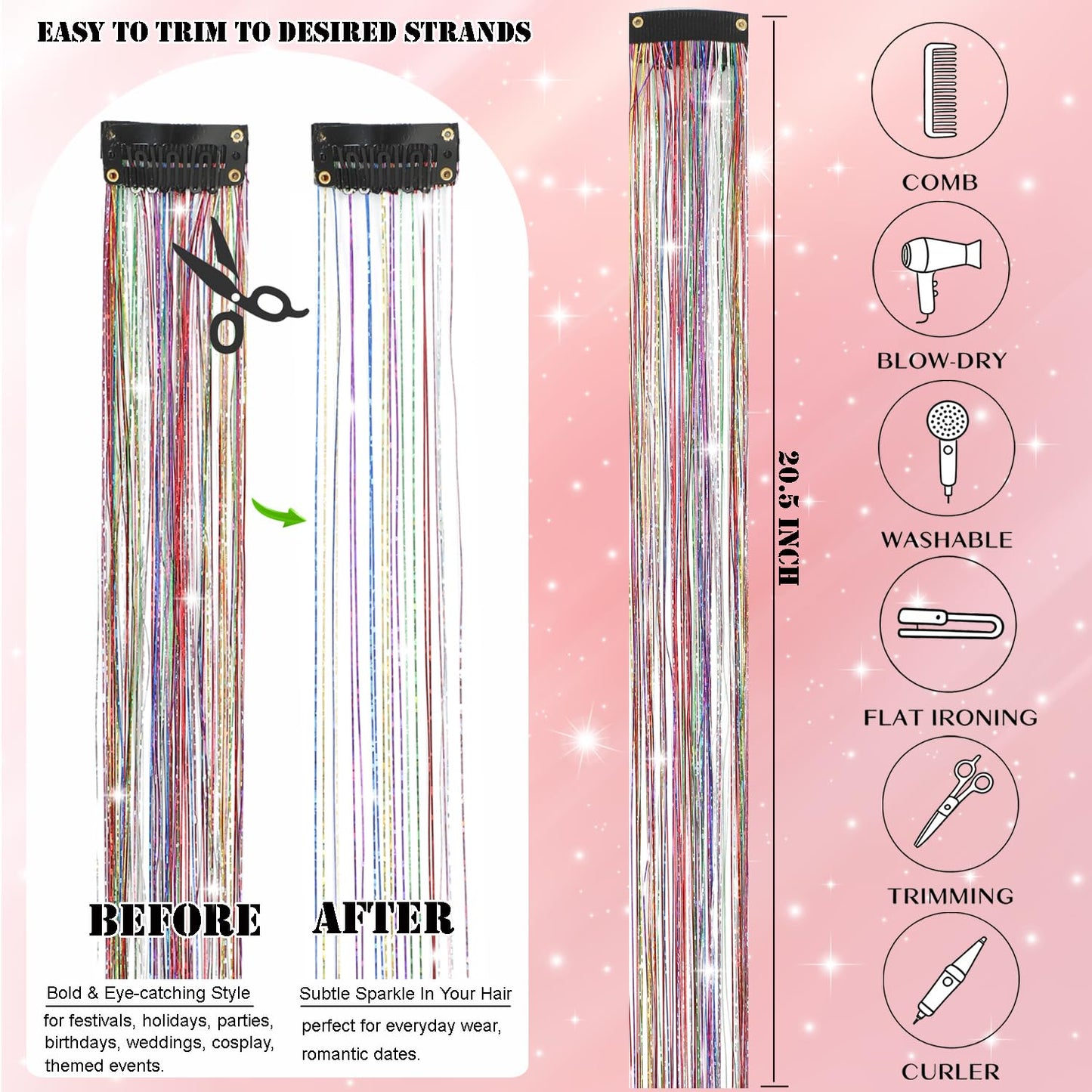 Aouuhe Hair Tinsel Kit 18 Pcs Clip in Hair Tinsel 20.5 Inch Glitter Fairy Tinsel Hair Extensions Clip in Black Sparkle Heat Resistant Daily Party Festival Hair Accessories for Women Girls (Black)