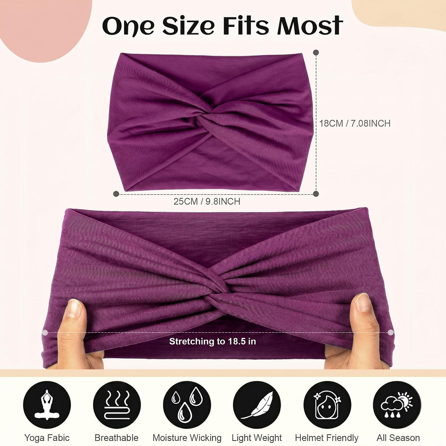 WENNKINN 7-Inch Wide Headbands for Women – 3 Pack Soft Thick Turban Hair Bands, Bandana-Style Head Wraps for Workout Yoga Sleep, Fashion Accessories with 6 Pcs Hair Ties-Blue, Purple Red, Black