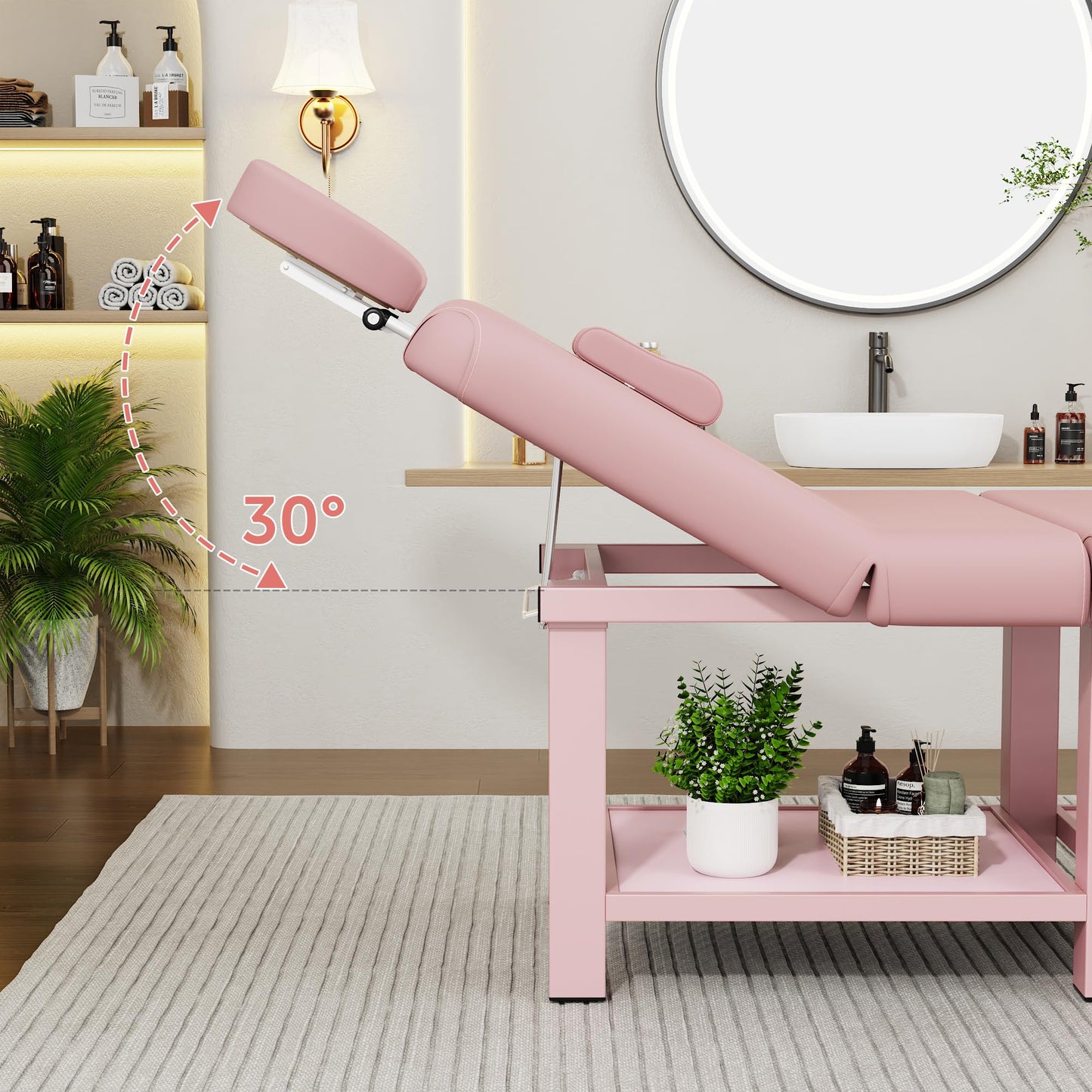 Extra Large 40in Width × 80in Length Folding Stationary Massage Table with Adjustable Backrest, Heavy-Duty Metal Frame for Spa, Physical Therapy, Tattoo, Medical Exam Use, Big-Boned Person - Pink
