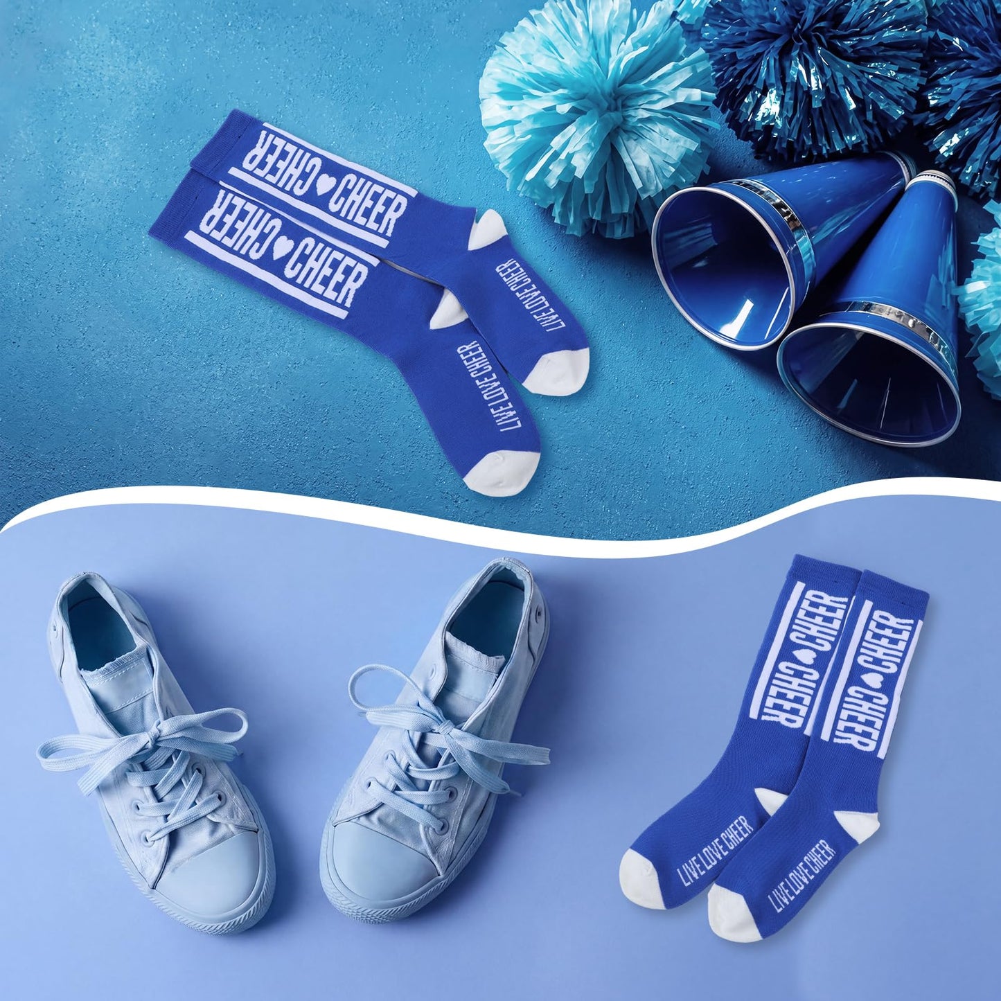 Twistover 6 Pairs Cheer Socks Bulk Live Love Cheer Cheerleader Team Knee-High Cheers Sock Spirit Team Accessories Gifts (Royal Blue)