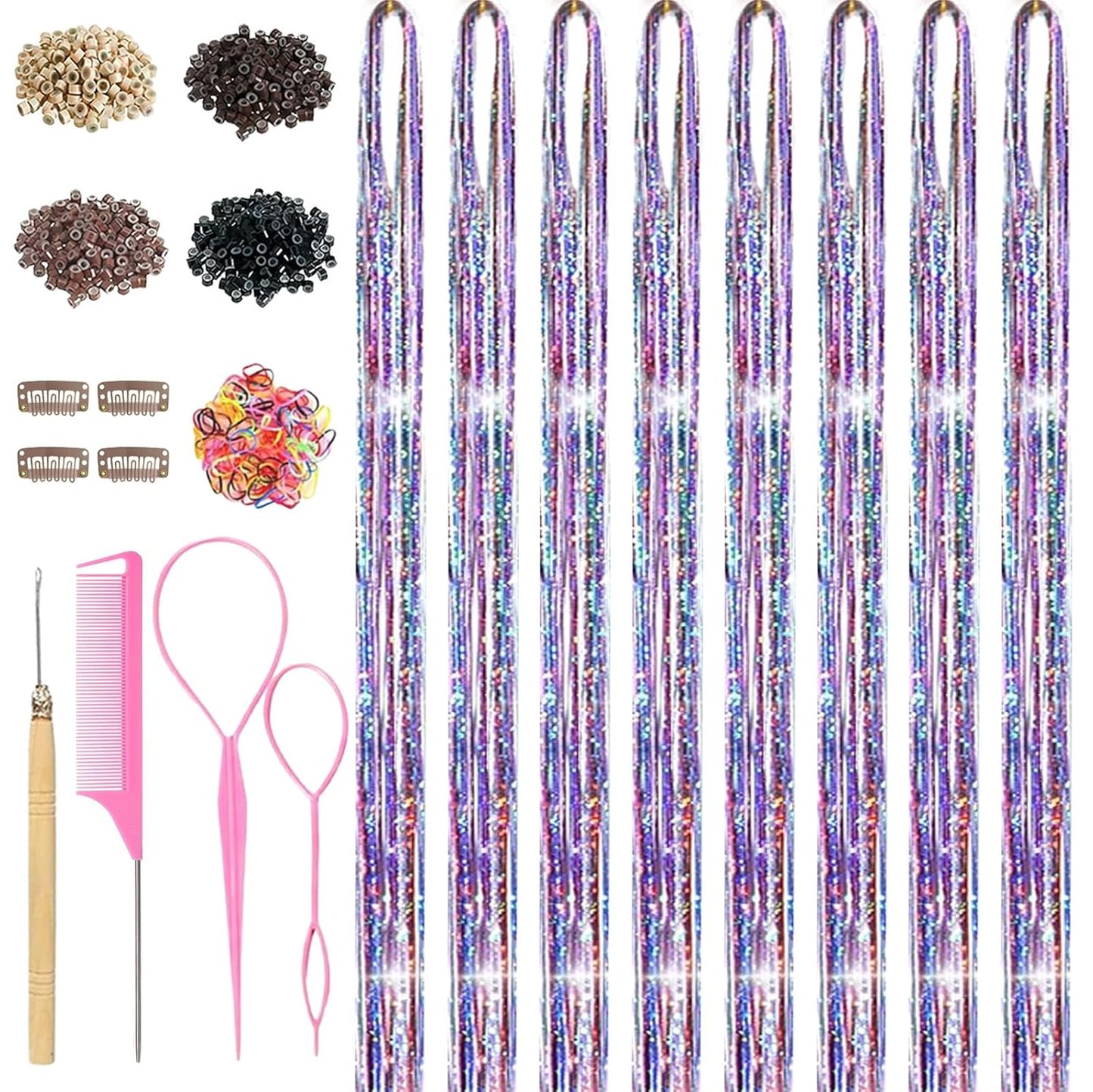 Colorful Hair Tinsel Kit - 8 Pcs 48-Inch Glitter Hair Extensions for Parties & Festivals | 3200 Strands