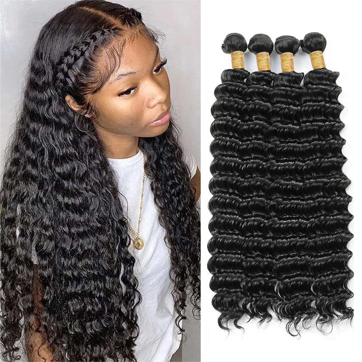 Human Hair Bundles Deep Wave 14 16 18 20 Inch Curly Bundle Human Hair 100% Unprocessed Brazilian Virgin Hair 4 Bundles for Women Wet and Wavy Hair Bundle Weave Extensions Natural Black