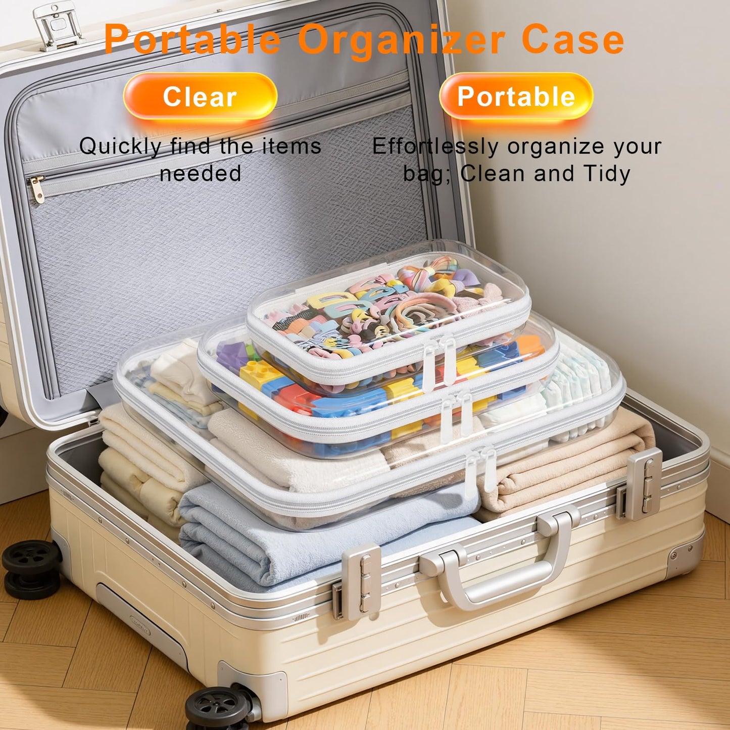 3PCS Large Clear Hard Shell Zipper Case,Toy Organizers and Storage Box,Clear Toiletry Cosmetic Case,Travel Makeup Bags,Diaper Bag Organizer,Pencil Case,Stackable Portable Zipper Pouches 13.8*11.8*2 IN