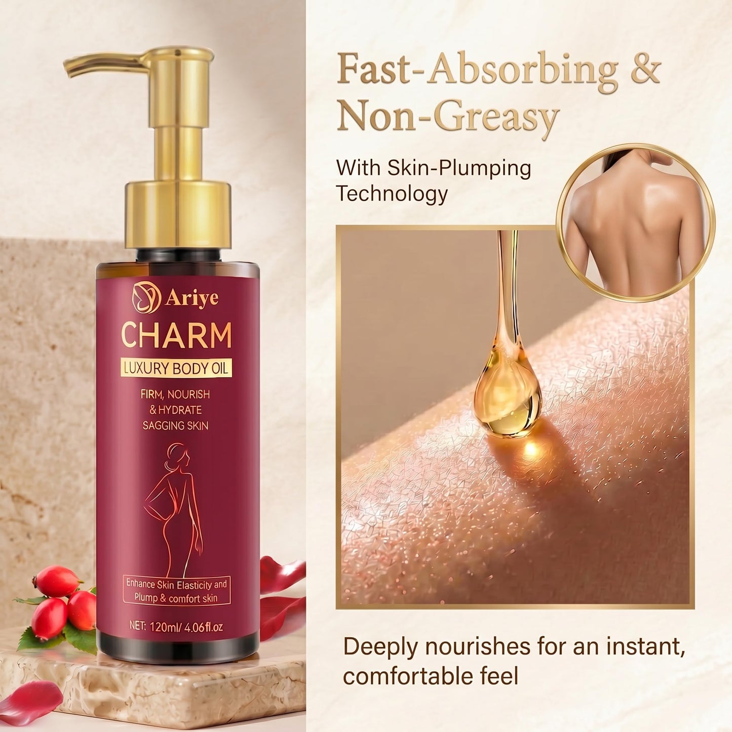 ARIYE Firming Body Oil for Crepe Skin, After Shower Glow Oil, Natural Moisturizer for Dry Skin, Tightens & Softens Crepe Skin & Wrinkles, Lightweight Non-Greasy for Arms Legs Stomach, 4.06 Fl Oz