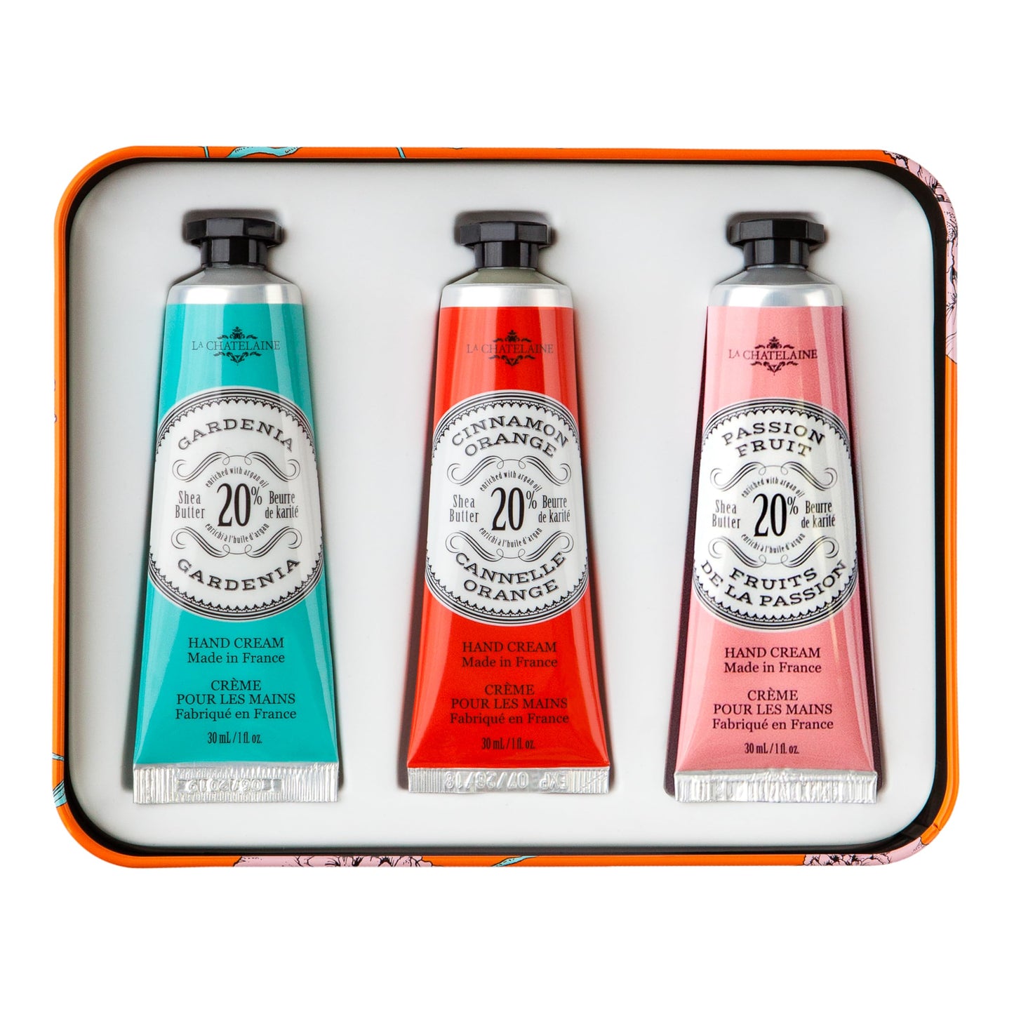 La Chatelaine Hand Cream Trio Tin, Gifts for Mom, Natural Hand Lotion Gift Set, Made in France 20% Organic Shea Butter (Gardenia, Cinnamon Orange, Passion Fruit or Orange, Oud Rose) 3 x 1 fl. oz