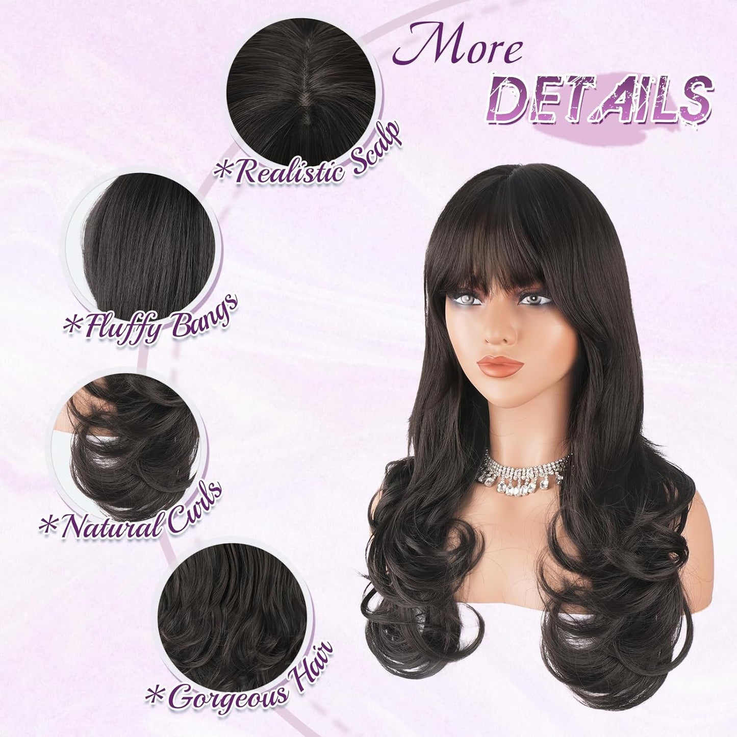 Brown Wigs with Bangs - Long Wavy Layered Synthetic Hair Wig | 24 Inch Dark Brown, Heat Resistant for Daily Wear & Parties