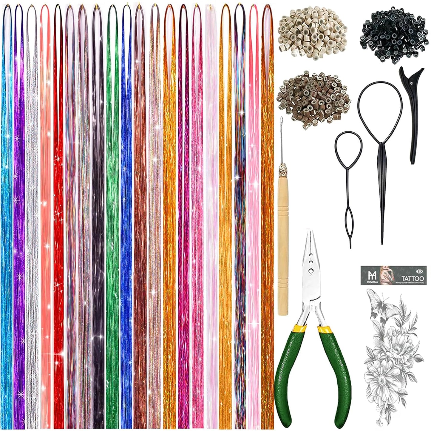 Hair Tinsel Kit - Holographic Hair Extensions with 8600 Strands | 18 Colors, 48 Inch, Heat Resistant Sparkling Glitter for Parties