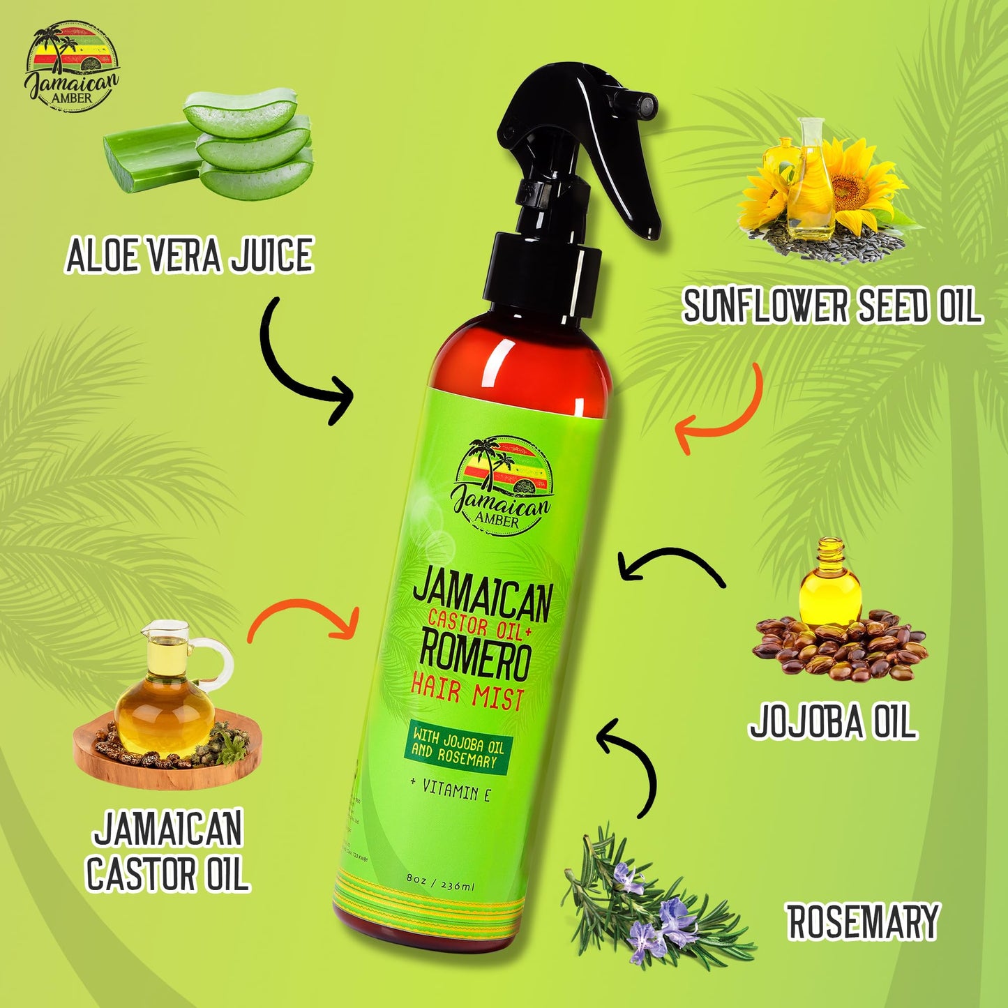 JAMAICAN Ambre Leave in Hair Mist - 8 fl oz / 236 ml - Strengthening Hair Spray, Detangles Knots, Refreshes Scalp, Instant Hydration, Hair Strength - Nourished Hair Scalp with Rosemary & Castor Oil
