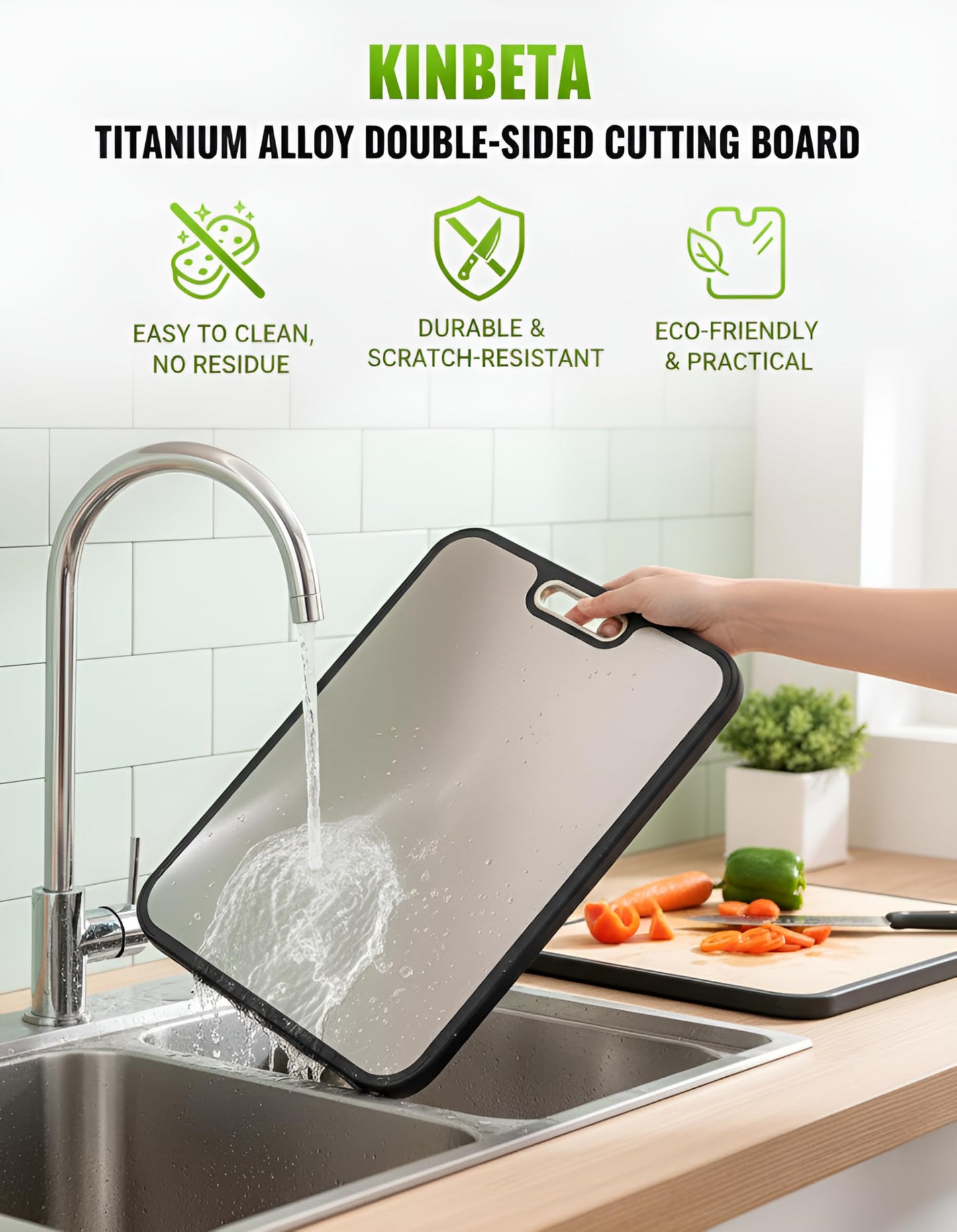 KINBETA Titanium Cutting Board for Kitchen, Double Sided 2-in-1 Chopping Board with Grinding Area, Food Grade Non Toxic Metal Cutting Board for Meat & Veggies, Easy to Clean, Large Size 16"×11"