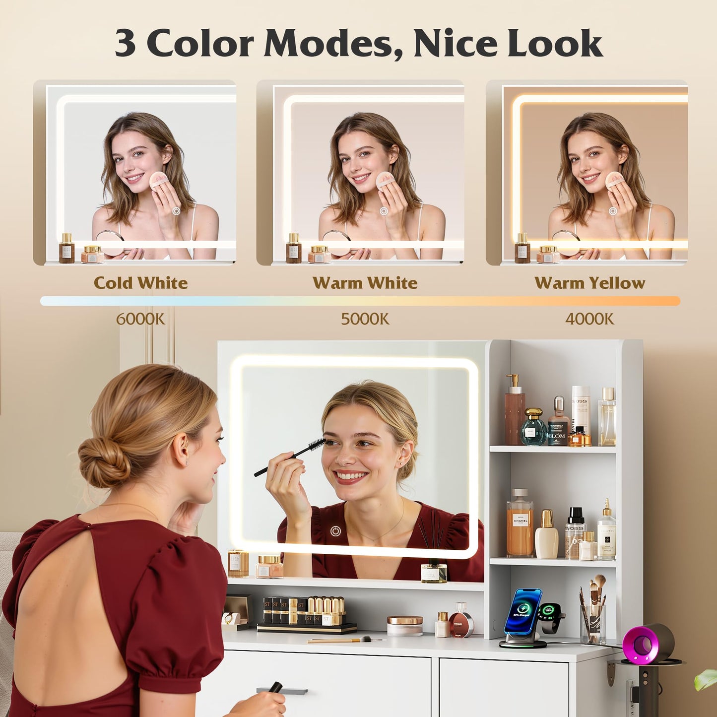 WLIVE Small White Vanity Desk with Mirror and Lights, Compact Girls Vanity