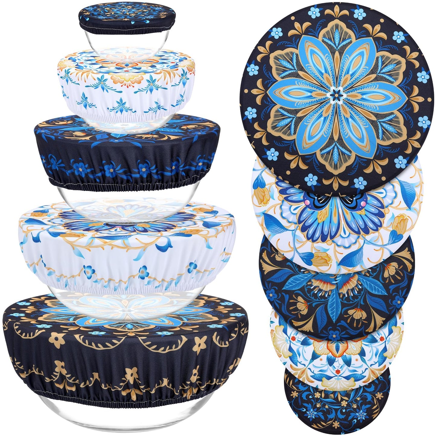 Revahope 5 Pieces Bowl Covers Reusable, 5 Size Elastic Cloth Bowl Covers for Bread Proofing Stretch Food Covers Washable for Food Fruits Leftover (Lozenge Floral)