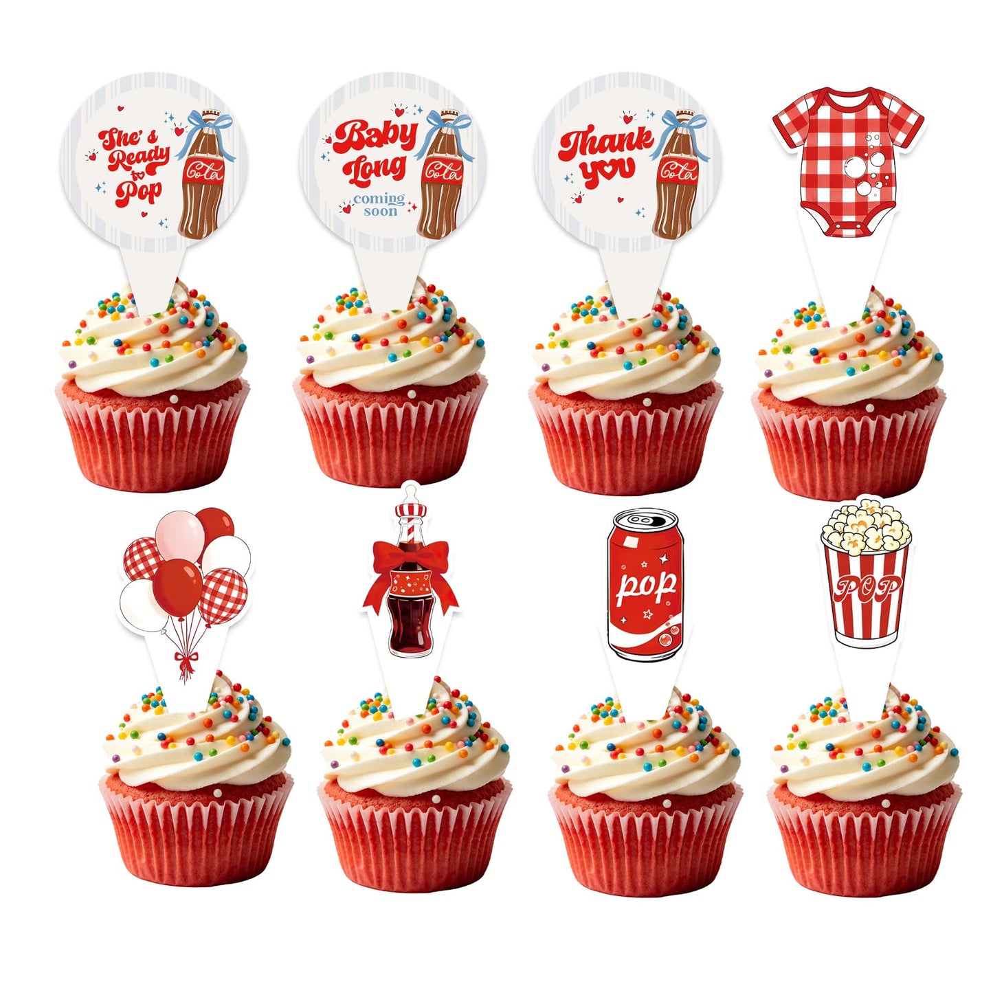 24PCS She's Ready to Pop Cupcake Toppers, Baby Shower Decorations Soda Theme, She's About to Pop Party Supplies for Gender Reveal Newborn