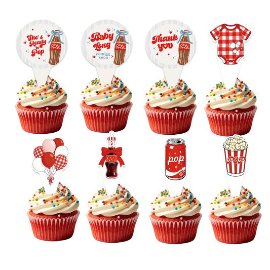 24PCS She's Ready to Pop Cupcake Toppers, Baby Shower Decorations Soda Theme, She's About to Pop Party Supplies for Gender Reveal Newborn