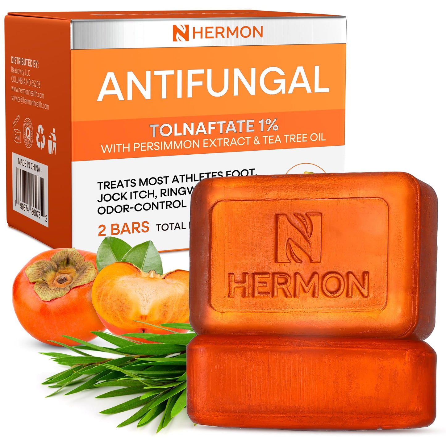 Hermon Antifungal Soap Bar: Antifungal Soap Treatment for Ringworm, Jock Itch & Athlete’s Foot with Tea Tree Oil – Medicated Odor-Neutralizing Persimmon Soap for Persistent Body & Aging Odor, 2Bars