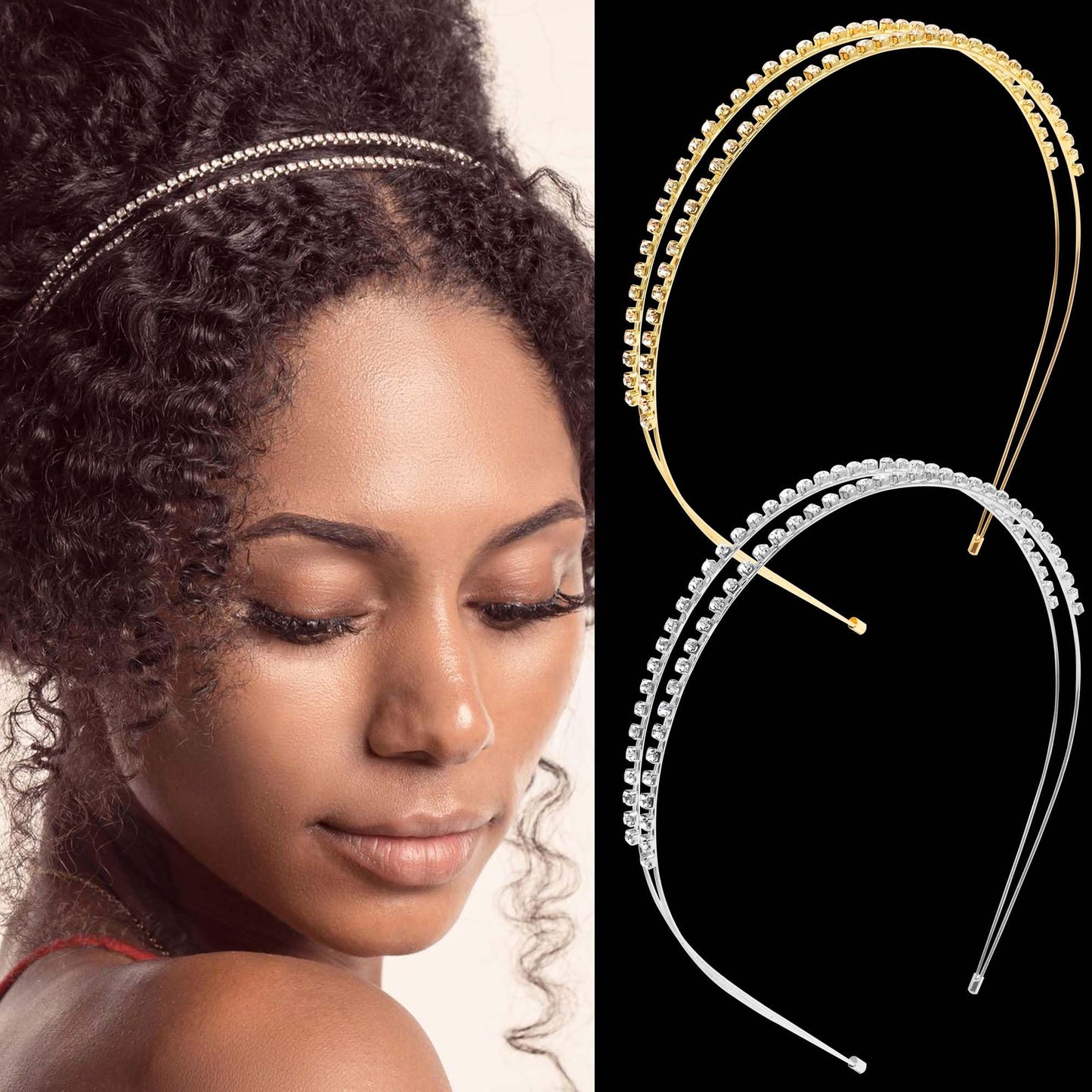 STGDAK Rhinestone Headband For Women Gold Headbands Bridal Metal Head Band Double Rows Crystal Diamond Hairband Silver Hair Hoop Cute Headbands Fashion Hair Jewelry For Wedding Party Prom 2 Pcs