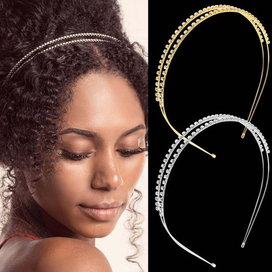 STGDAK Rhinestone Headband For Women Gold Headbands Bridal Metal Head Band Double Rows Crystal Diamond Hairband Silver Hair Hoop Cute Headbands Fashion Hair Jewelry For Wedding Party Prom 2 Pcs