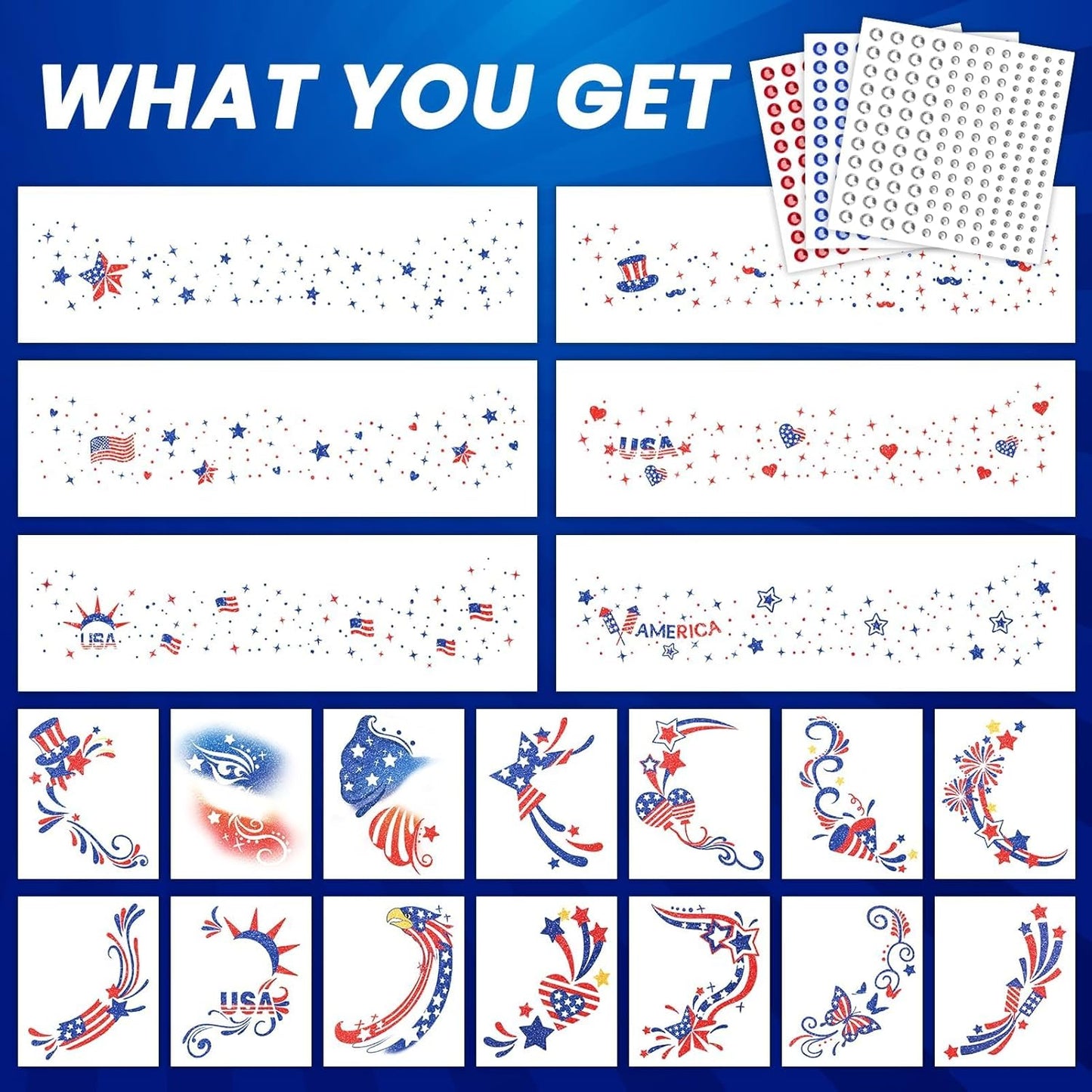 4th of July Face Tattoos - Glitter Freckles & Red White Blue Gems | Patriotic Makeup Accessories for Independence Day