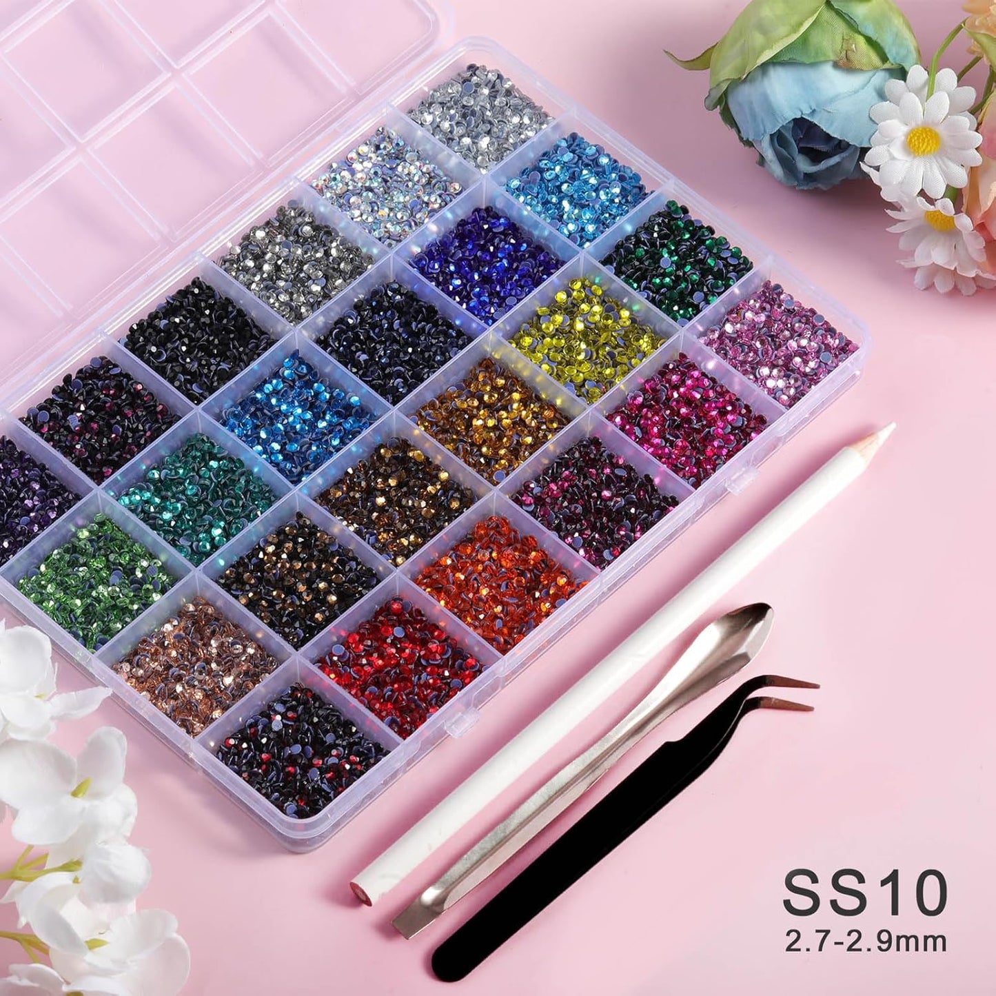 Hotfix Rhinestones - 24 Color Mixed SS10 Craft Crystals with Tweezers, Wax Pencil & Spoon
