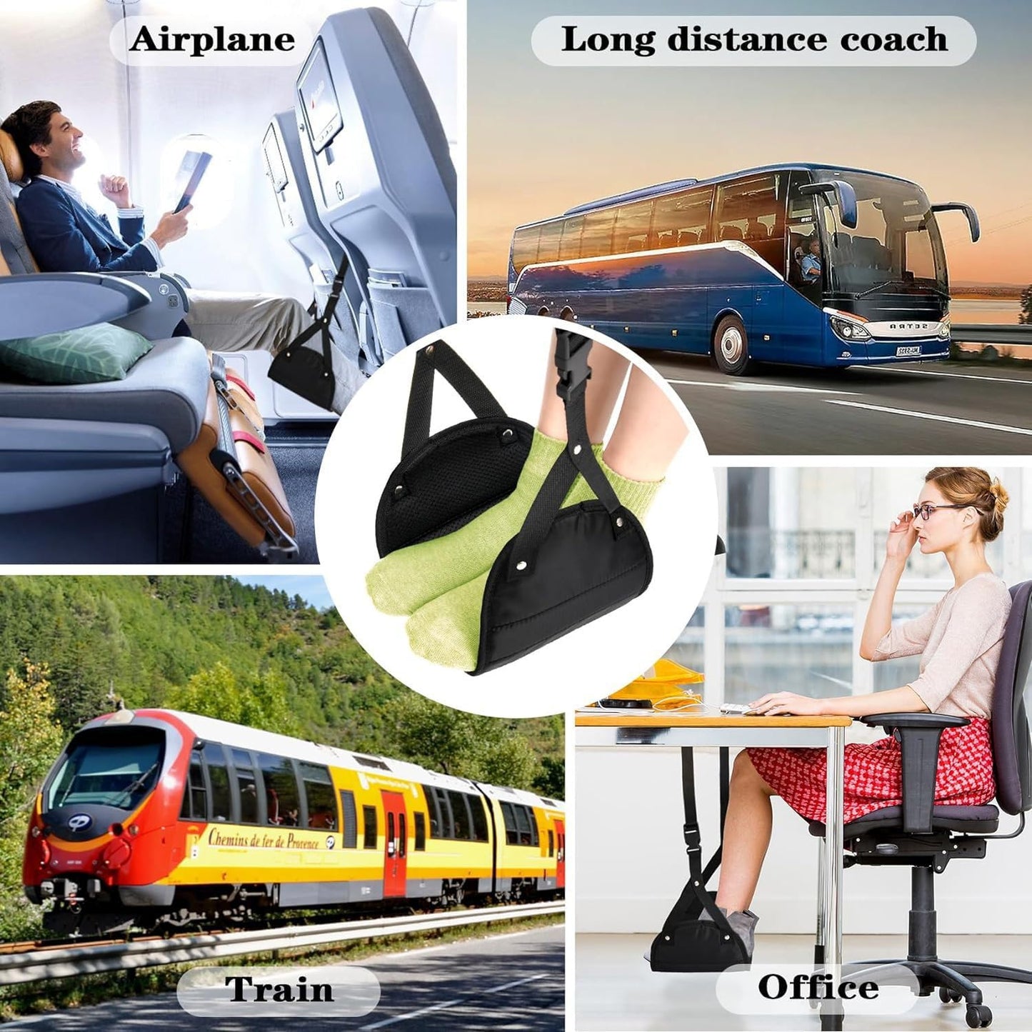 Foot Hammock for Plane Travel, Portable Airplane Foot Rest, Adjustable Leg Hammock Flight Trips, Perfect Airplane Footrest to Relax Feet, Ideal for Long Flights, Home & Office (Black)
