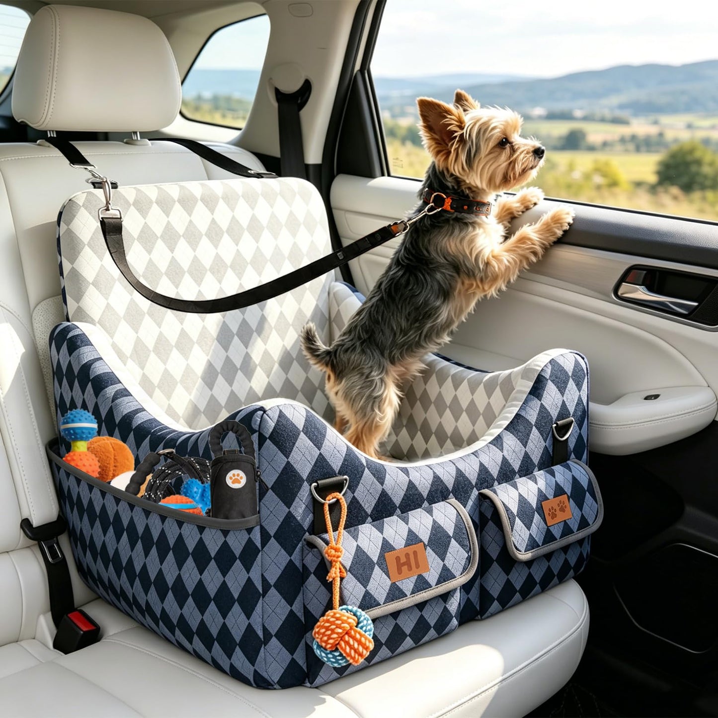 Dog Car Seat for Small/Medium Dogs up to 35lbs, 4-Pocket Storage Memory Foam Dog Booster Seat, Detachable Washable Pet Car Seat with Safety Belt, Outdoor & Indoor Use (Blue/Grey)
