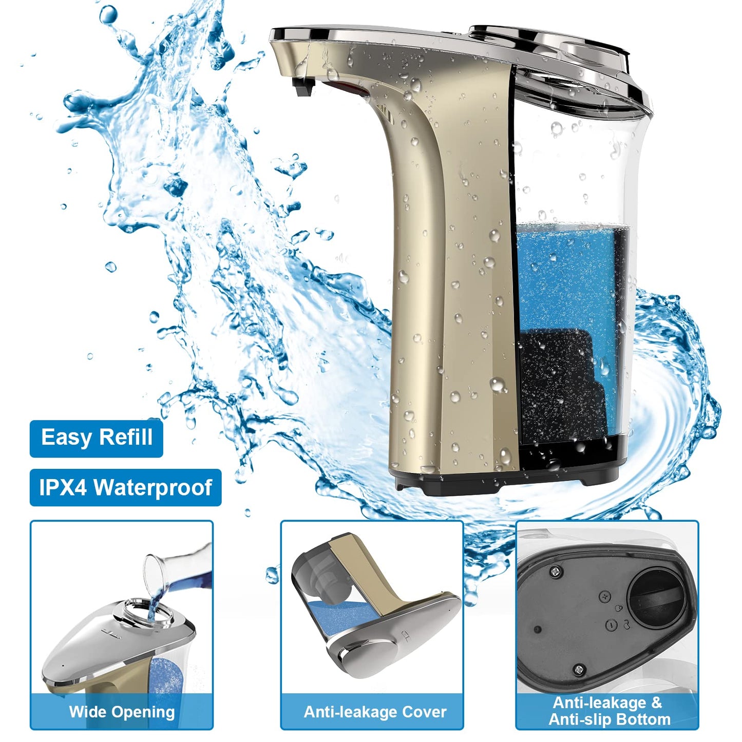 PZOTRUF Automatic Soap Dispenser, Touchless Dish Soap Dispenser 17oz/500ml with Infrared Sensor, 5 Adjustable Soap Dispensing Levels, Liquid Hand Dispenser for Bathroom Kitchen Sink(Champagne Gold)