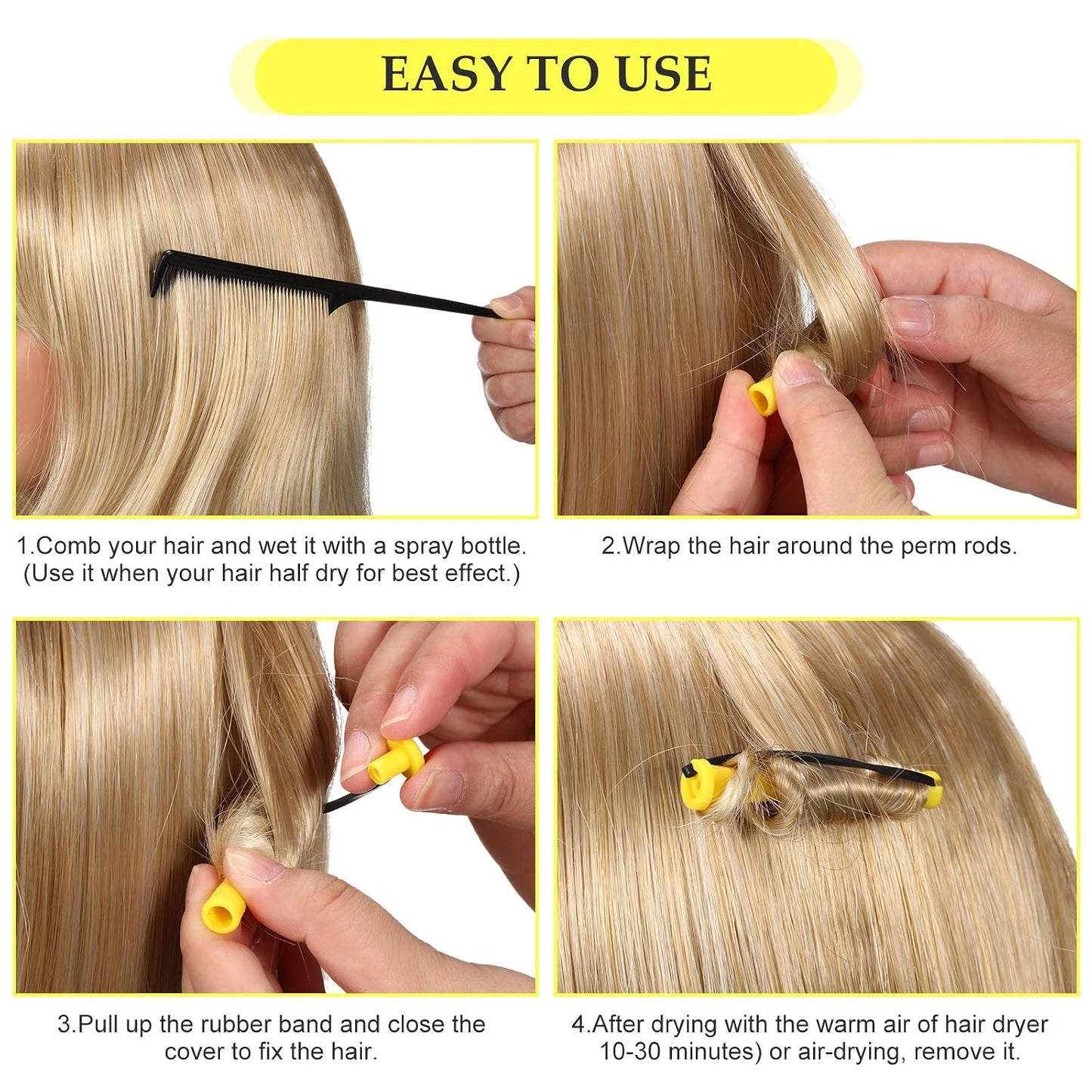WILLBOND 56 Pcs Hair Perm Rods - Plastic Cold Wave Curling Rollers for DIY Hairdressing | 6 Sizes, Yellow
