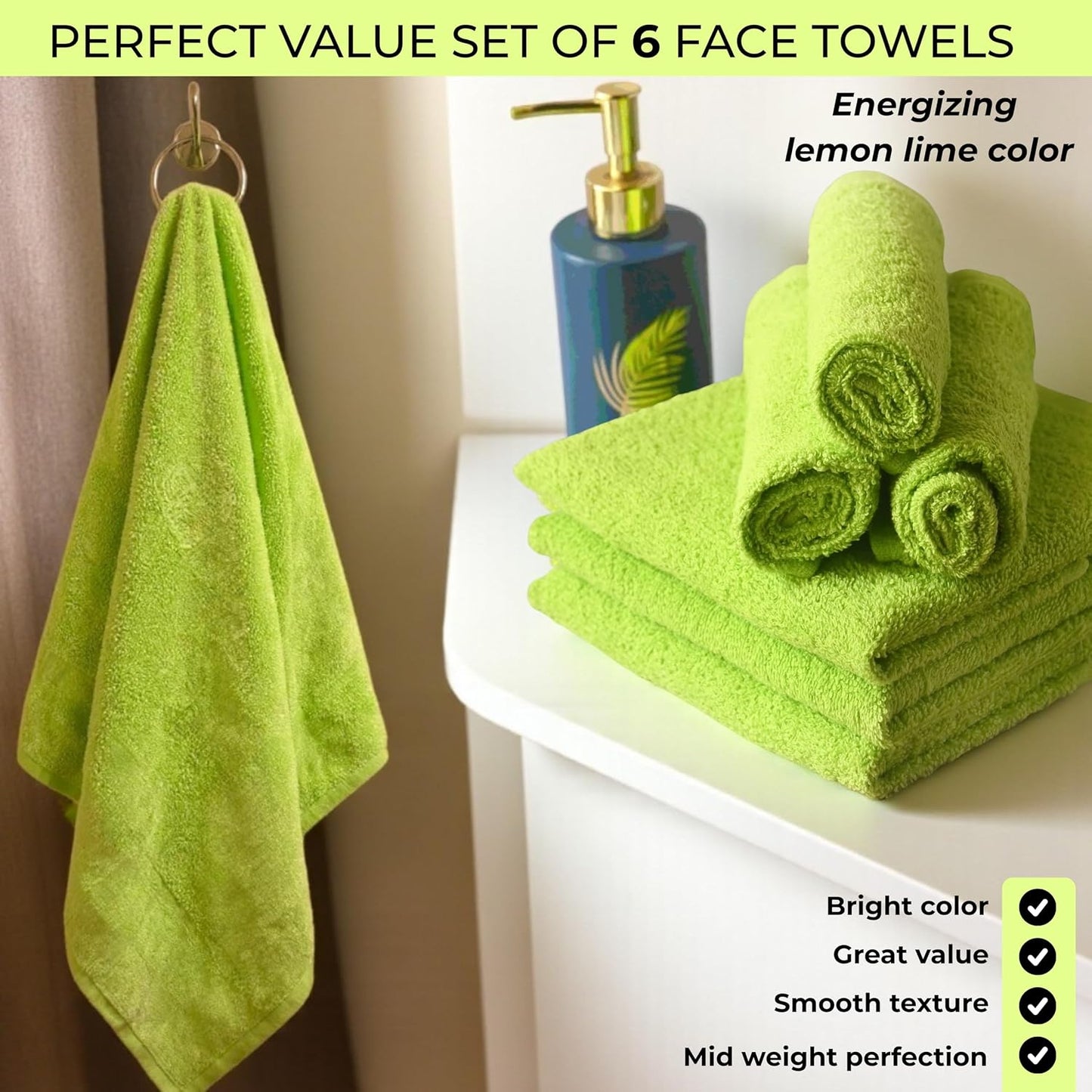 Lemon Lime 100% Cotton Wash Cloths - Soft Absorbent Terry Towels | 12"x12" | 6 Pack for Adults & Kids