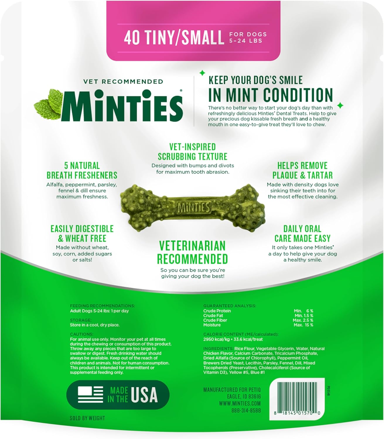 Dog Dental Bone Treats - Minties for Fresh Breath & Clean Teeth | Tiny/Small, 16 Ounces, 40 Count