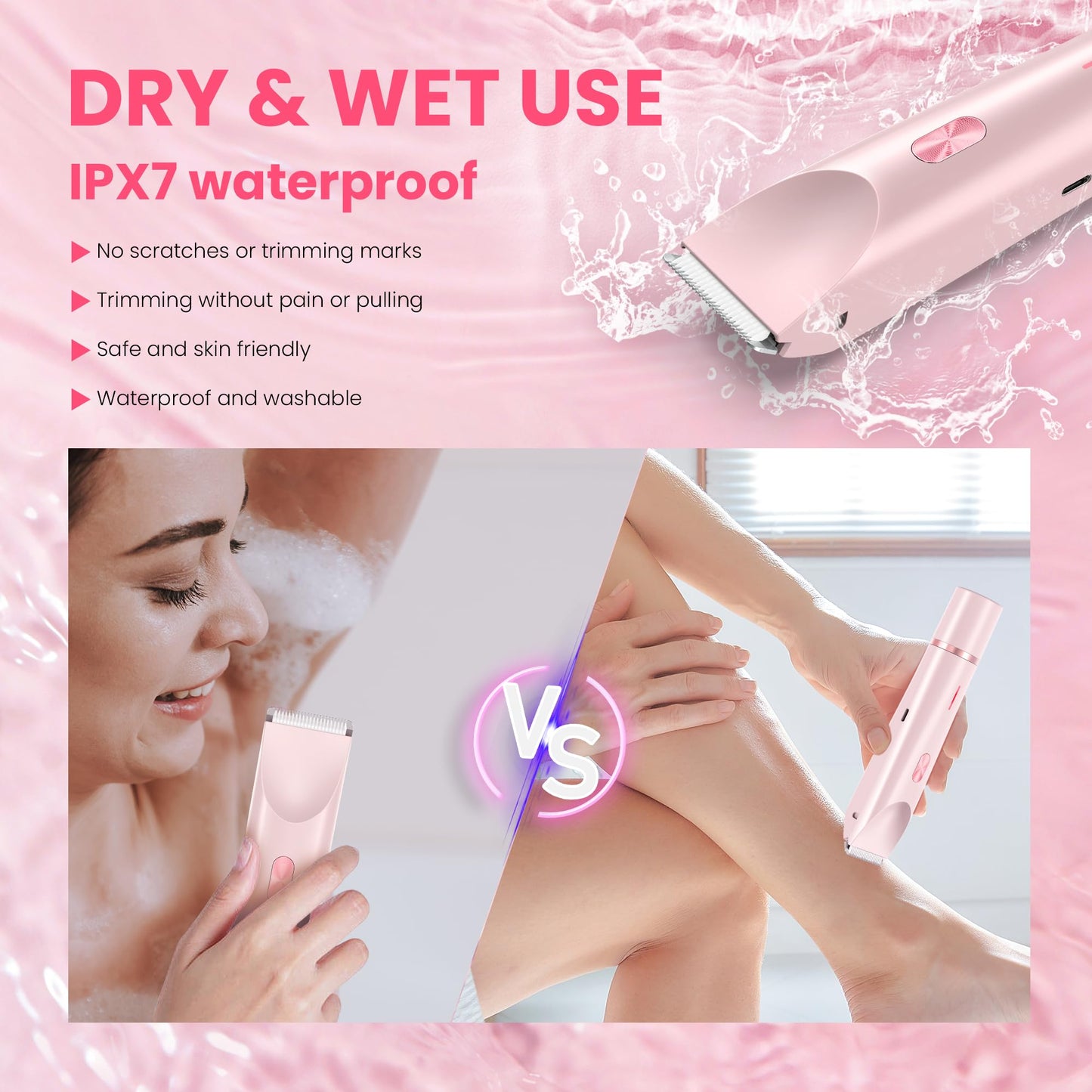 YZDJQX Bikini Trimmer for Women-2 in 1 Dual Head Electric Razors,IPX7 Waterproof Bikini Electric Shaver,Dry & Wet Use Painless Bikini Shaver,Pubic Hair Trimmer for Private Area & Body Hair, Pink
