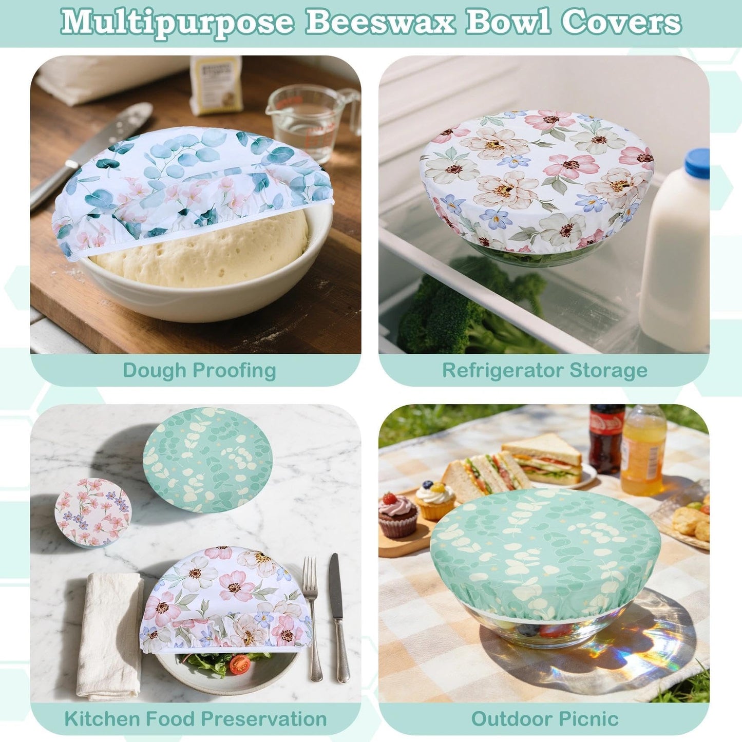 Revahope 5-Size Reusable Beeswax Elastic Bowl Covers for Bread Proofing, Cotton Cloth Flexible Beeswax Wraps for Sourdough Cover and Food Storage Shower Caps for Sourdough Bread Supplies Tools